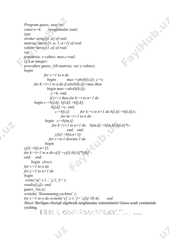 b[m,k]:=b[m,k]-b[i,k]*c; end; end; y[n]:=b[n,n+1]; for i:=n-1 downto 1 do begin y[i]:=b[i,n+1]; for k:=i+1 to n do y[i]:=y[i]-b[i,k]*y[k] end; end; begin clrscr; for i:=1 to n do for j:=1 to n+1 do begin write(‘a[‘,i:1,’,’,j:1,’]=’); read(a[i,j]); end; gauss_1(a,x); writeln( ‘sistemaning yechimi’ ); for i:=1 to n do writeln(‘x[‘,i:1,’]=’,x[i]:10:4); end. misol. berilgan chiziqli algebraik tenglamalar sistemalarini gauss usuli yordamida yeching. noma’lumlar soni ko’p bo’lganda chiziqli tenglamalar sistemasini yechishning kramer, gauss, teskari matrisa usullari bilan olinishi ancha murakkab bo’lib qoladi. bunday hollarda taqribiy sonli usullardan foydalanish ancha samarali hisoblanadi. shunday usullardan biri oddiy iterasiya usulidir. 6. chats yechishning iteratsion usullari. oddiy iteratsiya usuli quyidagi tenglamalar sistemasi berilgan bo’lsin. , i =1,2,...,n (6.1) bu sistema matrisa ko’rinishida quyidagicha yoziladi: , bu yerda . (6.1) da (i=1,n) deb faraz qilamiz. tenglamalar sistemasida 1-tenglamani х1 ga nisbatan, 2- tenglamani х2 ga nisbatan, va ohirgisini хn ga nisbatan yechamiz: (6.2) ushbu va matrisalar yordamida (6.2) ni quyidagicha yozish …