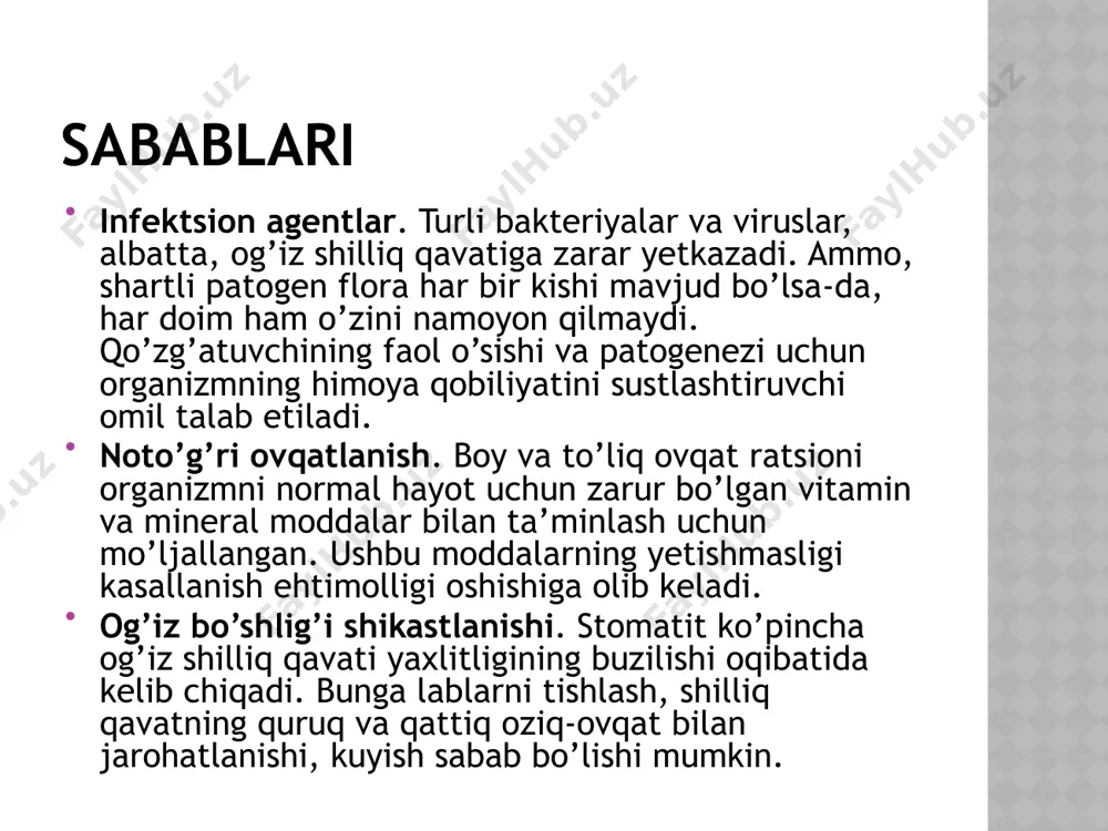 mos tushadigan dorilar). antivirus preparatlarni qabul qilish. shuni nazarda tutingki, antivirus dori-darmonlarni shifokor maslahatisiz qabul qilish kerak emas. tananing immunitet tizimini tiklash — multivitaminlar kursi, immunomodulyatorlarni qo’llash. aftoz stomatitni davolash aftoz stomatit boshlanishining tabiati to’liq aniqlanmagan. ba’zi shifokorlar, uning kelib chiqishi sababi stafilokokklar deb ta’kidlaydi. kasallikning faqat virusga xos xususiyati bor. ehtimol, aftoz stomatit — bu organizmning mudofaa tizimining pasayishi natijasida paydo bo’lgan oddiy gerpes virusi bilan bog’liq atipik shakli bo’lishi mumkin. aftoz stomatitni davolash ushbu turdagi kasallikning o’ziga xos xususiyati — afta deb ataladigan shilliq qavatning ko’rinishi. bular oq yoki sarg’ish markazli dumaloq shakldagi mayda mayin va yonlari qizargan yarachalardir. bunday stomatitlar ko’p yillar davomida davom etishi, tez-tez qaytalanishi mumkin, ammo og’ir tus olmaydi. ba’zi hollarda aftalar bir necha hafta davomida shifo topmaydi, shunda kasallik yara-nekrotik shaklga o’tadi. bu kasallikning og’ir darajasi immunodefitsit, og’ir metalllar bilan zaharlanish, leykemiya, ionlovchi radiatsiya ta’siri kabi ta’sirlar natijasida rivojlanishi mumkin. ushbu turdagi stomatitni …