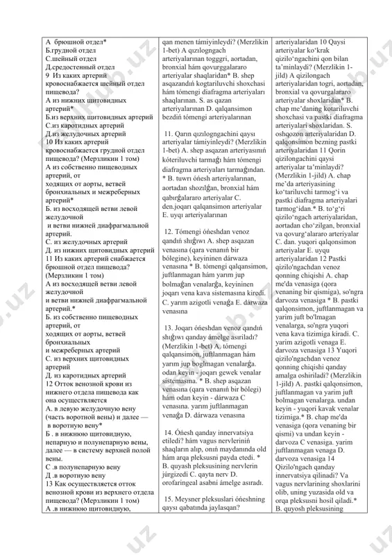 et) salmaqli klinikalıq kórinis, divertikulitning bar ekenligi* b. divertikulning kishi ólshemi, tásirlenbegen divertikul hám operatsiyaǵa qarsı kórsetpeler bar ekenligi. c. kishi divertikul ólshemi, tásirlenbegen divertikul hám operatsiyalarǵa qarsı kórsetpeler d. kishi divertikul ólshemi, quramalı divertikul hám operatsiyalarǵa qarsı kórsetpeler (saveliev t2 2014 50-bet) divertikul invaginatsiyasi* b. divertikulektomiya c. óńeshning ekstirpatsiyasi d. divertikul rezektsiyasi 90. tásir hám divertikul ólshemi 3 sm hám odan artıq bolǵan jaǵdaylarda qanday xirurgiya usılı qollanıladı? (saveliev t2 2014 50-bet) a. divertikulektomiya* b. divertikul invaginatsiyasi c. qızılogngachning ekstirpatsiyasi d. divertikulning rezektsiyasi 91 50% jaǵdaylarda qızılogngachning ogrta úshten bir bóleginde b. 70% ga jaqın jaǵdaylarda tómengi úshten bir bóleginde. óńesh c. shama menen 70% jaǵdaylarda óńeshning arqa diywalında 92 tómendegi klinika larning qay-qaysısı óńeshdagi biygana denege tiyisli? (saveliev 2014, 56 -bet) gipersalivatsiya* b. holsizlik, holsizlik c. ish qatıwı, bas aylanıwı d. regurgitatsiya 93. óńeshning biygana denesin tezlik penen alıp taslamasa qanday tásir júzege keliwi múmkin? (saveliev 2014 56 …