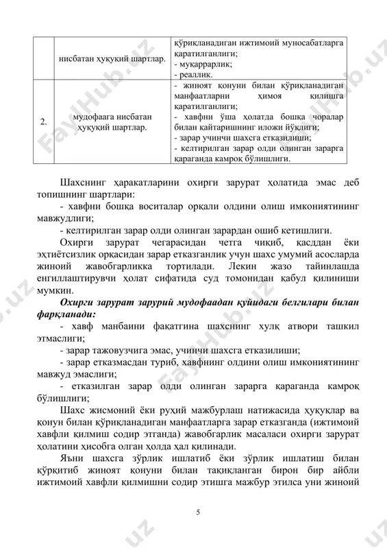 дир этганда) жавобгарлик масаласи охирги зарурат ҳолатини ҳисобга олган ҳолда ҳал қилинади. яъни шахсга зўрлик ишлатиб ёки зўрлик ишлатиш билан қўрқитиб жиноят қонуни билан тақиқланган бирон бир айбли ижтимоий хавфли қилмишни содир этишга мажбур этилса уни жиноий жавобгарликка тортиш масаласи, охирги зарурат қоидаларини инобатга олган ҳолда ҳал қилиниши талаб этилади. агарда ушбу ҳолатда, етказилган зарар унинг ўзига нисбатан ишлатиши мумкин бўлган зарардан аҳамиятига кўра камроқ бўлса, у жиноий жавобгарликдан озод қилинади ва у содир қилган қилмиш охирги зарурат ҳолатида содир қилинган қилмиш деб топилади. 5. ижтимоий хавфли қилмишни содир этган шахсни ушлаш вақтида зарар етказиш ижтимоий хавфли қилмишни содир этган шахсни ҳокимият органларига топшириш мақсадида ушлаш вақтида унга зарар етказиш, агар уни ушлаш учун зарур бўлган чораларнинг чегарасидан четга чиқилмаган бўлса, жиноят деб топилмайди. етказилган зарар жисмоний ёки мулкий кўринишда бўлиши мумкин. ижтимоий хавфли қилмишни содир этган шахсни ушлаш ҳуқуқига ҳар қандай шахс эга. ижтимоий хавфли қилмишни содир этган шахсни …