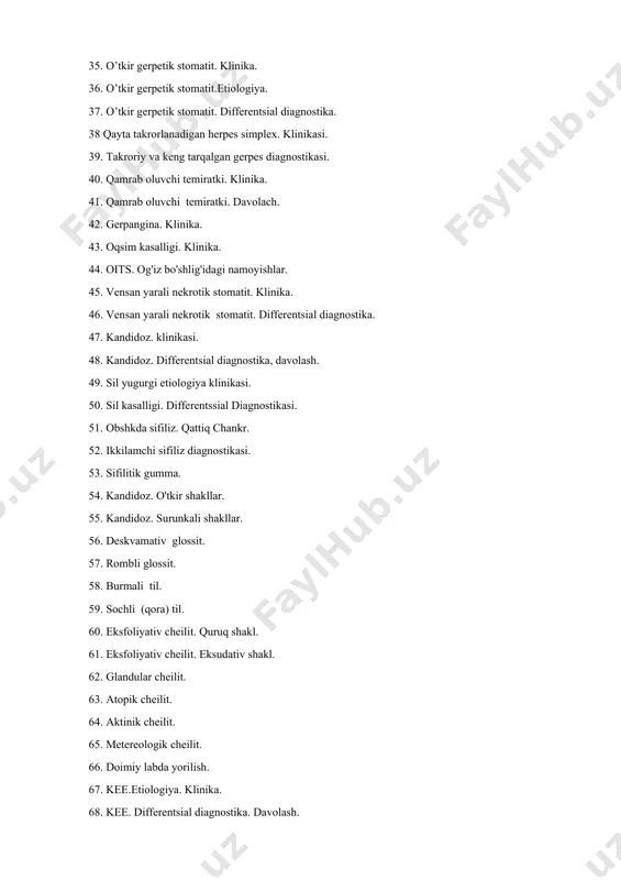quruq shakl. 61. eksfoliyativ cheilit. eksudativ shakl. 62. glandular cheilit. 63. atopik cheilit. 64. aktinik cheilit. 65. metereologik cheilit. 66. doimiy labda yorilish. 67. kee.etiologiya. klinika. 68. kee. differentsial diagnostika. davolash. 69. kyt. etiologiya. klinikasi. 70. kyt. differentsial diagnostika. davolash. 71. kvinke shishishi. 72. kontaktli va toksik-allergik stomatit. 73. vulgar po’rsildoq klinikasi. 74. nikolskiy simptomi 1. 75. nikolskiyning simptomi 2. 76. nikolskiyning alomati 3. 77. asbo-xans simptomi. 78. olma jelly simptomi. 79. toshli yol simptomi. 80. papiros qog'ozi simptomi. 81. kokaradaning simptomi. 82. pemfigoid. klinika. 83. pemfigoid. differentsial diagnostika. davolash. 84. simop stomatit. klinikasi. 85 qo'rg'oshin stomatit. 86 vismut stomatit. 87. leykoz klinikasida leykemiya. 88. trombotsitopenik purpura.og'iz shilliq qavatining o'zgarishi. 89. gastritdagi obshk ning o'zgarishi. 90. oshqozon yarasida og'iz bochligida o'zgarishi. 91. kollits holatida obshk da o'zgartirishlar. 92. gipertonik kasallikdagi odshk ning o'zgarishi. 93. makroheylit klinikasi. differentsial diagnostika. 94. qandli diabet. obshk-da o'zgartirishlar. 95. vitamin etishmasligi. obshk-d a o'zgarishlar. 96. …
