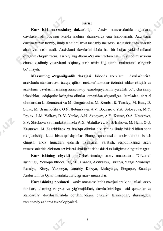 ta bob, to‘rtta paragraf, xulosa hamda foydalanilgan adabiyotlar ro‘yxatidan iborat. kurs ishining umumiy hajmi – 33 bet. i bob. arxivlarda hujjatlarni davrlashtirish tushunchasi. o‘zbekistondagi arxivlarni davrlashtirish. 1.1 arxiv hujjatlarini davrlashtirishning asosiy tamoyillari va normalari davrlashtirish – bu tarixni alohida, boshqarilishi mumkin bo'lgan nomli bloklar yoki davrlarga toifalash jarayoni. bu davrlar tarixchilarga tarixiy hodisalarni tahlil qilish va izohlash uchun asos yaratish orqali voqealar, tendentsiyalar va rivojlanishlarni tartibga solish va tushunishga yordam beradi. arxiv fondlari va hujjatlarini davrlashtirish esa ularni qaysi davrga tegishli ekanligiga qarab guruhlash tushuniladi. ular o‘sha davrga oid maxsus guruhlarga ajiratib maxsus harflar bilan belgilanadi. arxivlarni davriylashtirish deganda ma’lum vaqt davrlari yoki tarixiy davrlar asosida tarixiy yozuvlar va hujjatlarni tashkil etish va turkumlash tushuniladi. ushbu amaliyot arxiv materiallarini voqealarning xronologik ketma-ketligi, boshqaruv va jamiyat rivojlanishiga ko'ra tizimli joylashtirish imkonini beradi.[footnoteref:1] [1: is’hoqov m.m., alimova.r.r arxivshunoslik. - t., 2017 68-bet] arxivlarni davriylashtirish bir qancha muhim maqsadlarga xizmat qiladi: 1. foydalanish …
