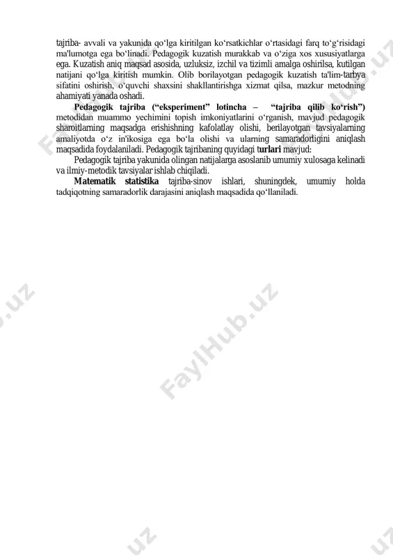 to„g„ri rivojlanishini ta'minlash, uning organizmida namoyon bo„layotgan ayrim nuqsonlarni bartaraf etishga amaliy yondashuv, shuningdek, nuqsonli bolalarni o„qitish hamda tarbiyalash muammolarini o„rganishda ko„maklashadi. 12. ma'naviyat asoslari – jamiyat, inson va ma'naviyat o„rtasidagi munosabatlarni, ma'naviyatning jamiyat taraqqiyoti, inson ongini rivojlanishidagi roli, fuqarolarni ma'naviy tarbiyalash omillarini o„rganadi. ilmiy pedagogik tadkikotlarni tashkil etish va utkazish. pedagogika fani rivoji muayyan pedagogik muammolarni tadqiq etish maqsadida olib borilgan tadqiqot ishlarining g„oyasi, mazmuni, natijalari hisobiga ta'minlanadi. tarbiya jarayonlarining mohiyatini anglash ularni keng yoki tor doirada o„rganish, mavjud ko„rsatkichlar vositasida sodir bo„lish sabablarini aniqlash, zarur chora-tadbirlarni belgilash ilmiy izlanishlarni tashkil etishni taqozo etadi. pedagogik ilmiy-tadqiqot metodlar shaxsni tarbiyalash, unga muayyan yo„nalishlarda chuqur, puxta ilmiy bilimlarni berishga berish tamoyillari, ob'ekti va sub'ektiv omillarini aniqlovchi pedagogik jarayonning ichki mohiyati, aloqa va qonuniyatlarini maxsus tekshirish va bilish usullaridir. pedagogik ilmiy tadqiqotlarni amalga oshirish murakkab, izchillik, uzluksizlik, tizimlilik va aniq maqsad kabi xususiyatlarga ega jarayon. zamonaviy sharoitda pedagogik yo„nalishda tadqiqotlarni olib borishda …