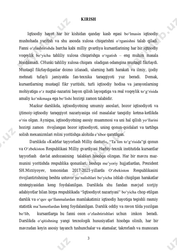 institutining barcha kursantlari, magistrlari, tadqiqotchilari va iqtisodiyot sohasidagi bilimlarga qiziquvchi barcha kitobxonlar ham foydalanishlari mumkin. 5 i bob. iqtisodiyot nazariyasi” fanining predmeti va bilish usullari 1. iqtisodiyot va uning bosh masalasi. 2. ehtiyojlarning cheksizligi. ehtiyojlarning yuksalib borish qonuni. 3. iqtisodiy resurslar, ularning turlari, tarkibi va cheklanganligi. 4. iqtisodiy bilimlarning vujudga kelishi va iqtisodiy fanlarning shakllanishi. 5. iqtisodiyot nazariyasi fanining predmeti va vazifalari. 6. iqtisodiy qonunlar va kategoriyalar. 7. iqtisodiy jarayonlarni ilmiy bilishning uslub va usullari. 1. iqtisodiyot va uning bosh masalasi iqtisodiyot tushunchasi birinchidan, turli darajadagi xo‘jalik tizimi, ikkinchidan, iqtisodiy munosabatlar birligi, uchinchidan, fan darajasida mujassamlashgan bilimilar va to‘rtinchidan tejamkorlikga asoslangan xo‘jalik yuritish shaklini ifodalaydi. xo‘jalik yuritish shakli sifatida iqtisodiyot-iqtisodiy ne’matlarini yaratuvchi tarmoq va sohalar, iqtisodiy va moliyaviy tizimlar, ularni boshqarish tizimi, tartibga solish mexanizmi hamda infratuzilmaviy muassasalarning turli darajadagi yaxlitligini ifodalaydi. qadimda iqtisodiy faoliyatning asosiy shakli uy xo‘jaligi doirasida ro‘y berganligi sababli iqtisodiyot deganda uy xo‘jaligi va uni yuritish …