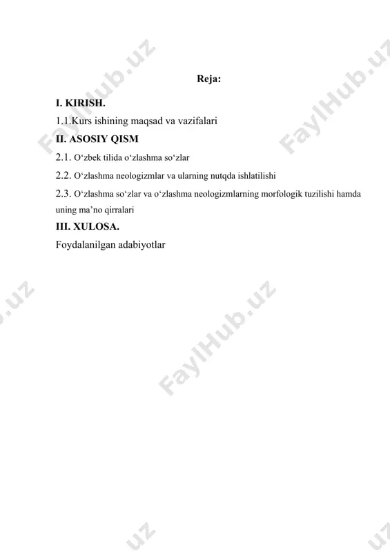 o‘zlarning ma’no qirralarini aniqlash; − nutqda o‘zlashma so‘zlarning ma’noviy siljishlarini aniqlash. tadqiqot metodologiyasi va bajarilish usullari. tadqiqotning metodologik asosi sifatida dialektikaning umumiylik-xususiylik, shakl-mazmun tamoyillari tanlandi. ishda lingvopoetik, uslubiy, qiyosiy tahlil usullaridan keng foydalanildi. tadqiqotning ilmiy yangiligi. − o‘zlashma qatlam masalasining o‘zbek tilshunosligidagi tadqiq darajasi tahlil qilindi; − umumxalq tilida faol ishlatilib turgan o‘zlashma so‘zlarning miqyosi aniqlandi; − o‘zlashma so‘zlardagi ma’noviy siljishlar turli tillar doirasida tahlilga tortildi. ii. asosiy qism qadimdan ma’lumki o‘zbek tili leksikasining tashkil topishida 3 komponent muhim rol o‘ynaydi. bular quyidagilardir: 1. barcha so‘zlar eng qadimgi turkiy tildan kelib chiqqan bo‘lib, o‘zbek tili leksikasining rivojlanishida muhim rol o‘ynaydi, bundan tashqari kundalik ishlatiladigan so‘zlar va iboralar yuqoridagi unsurlarda o‘z ifodasini topadi. 2. o‘zlashma so‘zlar, bunday so‘zlar boshqa tillardan kelgan bo‘l`ib, bular quyidagilar: arab, fors-tojik, rus, nemis, fransuz, ispan, ingliz va boshqalar. bu so‘zlaning qiziqarli tomoni shundaki, ular asosan klassik tillarning birlashmasidan hosil bo‘lgan (arab, turk, fors-tojik). 3. o‘zlashma neologizmlar, …