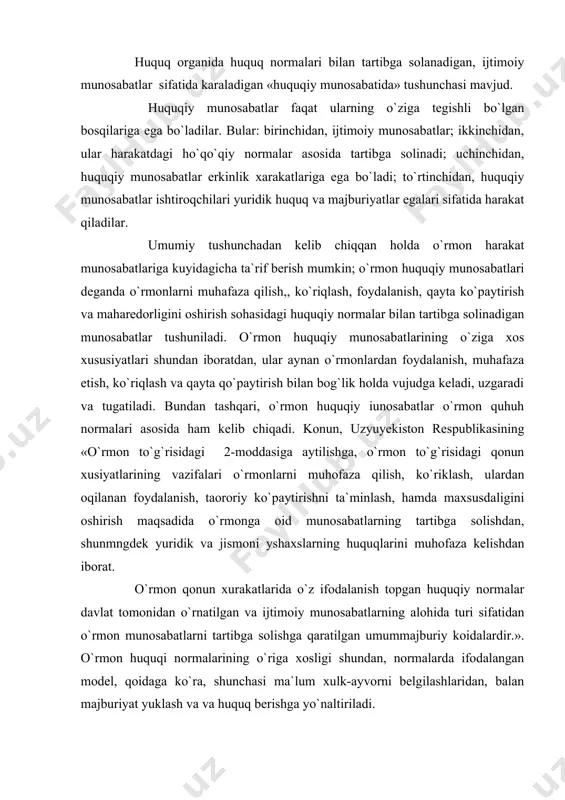 da o`z ifodalanish topgan huquqiy normalar davlat tomonidan o`rnatilgan va ijtimoiy munosabatlarning alohida turi sifatidan o`rmon munosabatlarni tartibga solishga qaratilgan umummajburiy koidalardir.». o`rmon huquqi normalarining o`riga xosligi shundan, normalarda ifodalangan model, qoidaga ko`ra, shunchasi ma`lum xulk-ayvorni belgilashlaridan, balan majburiyat yuklash va va huquq berishga yo`naltiriladi. o`rmon huquqi munosabatlar juda xilma-xildir. ba`zilari o`rmonlarni muhofaza etish va ko`riklash sahasida, boshqalari o`rmonlardan foydalanigsh soxasida, yana birlari o`rmonlari kayta ko`paytirish va maxsusdorligini oshirish sohasida buladi. kunday qilib, o`rmon huquqiy munosabatlarini quyidagii turlarga tasniflash mumkin: 1) o`rmonga nisbatan davlat musichiligini huquqiy munosabatlari; 2) o`rmondan foydalanish, o`rmondan foydalanuvchilar – yuridik va jismoniy shaxslar huquqlarini himoya kilish bo`yicha xuquqiy munosabatlar; 3) muhaafazalovchi huquqiy munosabatlar; 4) o`rmonlarni qo`riqlash, qayta ko`paytirish va maxsusdorligini oshirish sohasidagi huquqiy munosabatlar; 5) o`rmonlarni boshqari (hisobga olish, monitorining, xadayr, nazorat) sohasidagi huquqiy munosabatlar. ushbu qolatlarda o`rmon huquqiy munosabatlarini tasniflash uchun asos siyaatida xuquqiy tartibga solish predmeti olingan.o`rmon huquqiy munosabatlarini tasniflashning navbatdagi asosi ularning yuridik …
