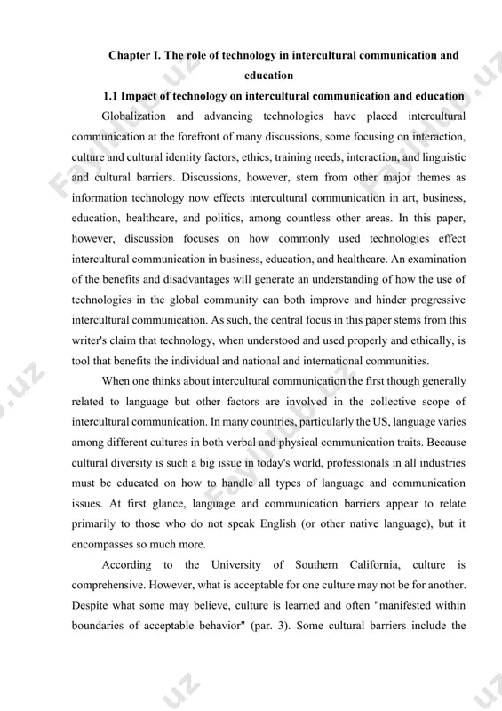 but other factors are involved in the collective scope of intercultural communication. in many countries, particularly the us, language varies among different cultures in both verbal and physical communication traits. because cultural diversity is such a big issue in today's world, professionals in all industries must be educated on how to handle all types of language and communication issues. at first glance, language and communication barriers appear to relate primarily to those who do not speak english (or other native language), but it encompasses so much more. according to the university of southern california, culture is comprehensive. however, what is acceptable for one culture may not be for another. despite what some may believe, culture is learned and often "manifested within boundaries of acceptable behavior" (par. 3). some cultural barriers include the limitations of conscious awareness of cultural standards (e.g. what is acceptable in the us might be illegal or …