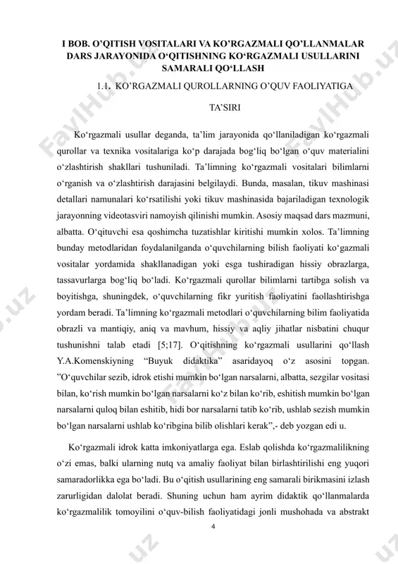 shdagi predmetlarni o‘rganishda qo‘llaniladigan namoyish qilish asboblari, modellari va boshqalar; - ko‘rgazmalilikning texnik namoyish qilish vositalari – kinofilm, diafilm, diapozitivlar, axborot kommunikatsiya texnologiyalari va shunga o‘xshashlar; - tovush, ko‘rish va eshitish vositalari – videoyozuv, videofilmlar va hokazolar. shundan ta’limning ko‘rgazmali usullarini ikkita kichik guruhi: illyustratsiya usullari va namoyish qilish usullari mavjud degan xulosa kelib chiqadi. o‘qitishning yassi vositalarini illyustratsiya qilish usullari plakatlar, sxemalar, rasmlar, chizmalar, fotosuratlar, grafik qo‘llanmalar va boshqalarni ko‘rsatishni o‘z ichiga oladi. o‘qitishning hajmli vositalarini namoyish qilish usullari asbob va uskunalarni namoyish qilishni; dinamik qo‘llanmalar, asl holidagi tabiiy obyektlarni ko‘rsatishni; texnik namoyish qilish vositalari – kinofilm, diafilm, diapozitivlar, axborot kommunikatsiya texnologiyalari; tovush, ko‘rish va eshitish vositalari ( videoyozuvlar, videofilmlar) va hokazolarni nazarda tutadi. o‘qituvchi o‘qitishning umumiy tamoyillariga tayanib, o‘qitishning ko‘rgazmali usullarini qo‘llash qachon samarali bo‘lishligi haqida tasavvurga ega bo‘lishi, ya’ni ularning imkoniyatlarini bilishi kerak [11;54]. quyida o‘qitishning ko‘rgazmali usullaridan namunalar keltiriladi. “ertaklar yaxshilikka yetaklar” usuli bu harakatli ko‘rgazma …
