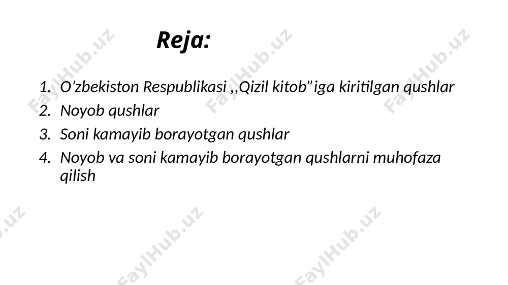 v qirg’oq bo’yi o’simliklari g’uj bo’lib o’sgan yirik suv havzalarida uchraydi. soni doimo kam, suv va qirg’oq bo’yidagi don ekinlari maydonlarida kirib turadi. 1989-yildan buyon finlyandiya parvarishxonalarida ko’paytiriladi. ovlash taqiqlangan. sariq qarqara sariq qarqara zaif, kamayib borayotgan , uchib o’tuvchi uyalovchi tur. amudaryo quyi qismi havzasi, turkmaniston osiyoning g’arbi, afrika hududlarining tekisliklaridagi qamishzor yoki butazor suv havzalarida uchraydi. bahorgi uchib o’tishi aprel-may oyida, qamishzorlarda ,suv bosgan butazorlarda kolloniya bo’lib uyalaydi. may-iyun oyida 4-7ta tuxum quyadi va 22-24 kun bosib yotadi. mayda baliqlar, qurbaqalar va umurtqasiz suv jonvorlari bilan oziqlanadi qoravoy kosmopolit turning zaif qisqarib borayotgan , uchib o’tuvchi-uyalovchi nominal turi. amudaryoning quyi qismi, zarafshon , amudaryo va sirdaryo vohalaridagi suv havzalarida tekisliklardagi qamishzor sayoz suv havzalarida tarqalgan. may-iyun oylarida 3-6ta tuxum qo’yadi va 2kun bosib yotadi, polaponlari iyun oyida ucha boshlaydi. ovlash taqiqlangan . qushlarni kamayish sabablari quruq yerlarning xo’jalik maqsadida o’zlashtirilishi tufayli yashash hududlarining kamayishi brolakonerlik mayda sutemizuvchilar sonining …