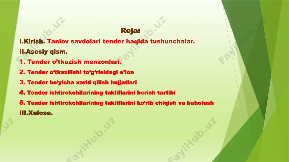 tlar qoplanishini ta’minlaydigan hajmlarda bajarish nazarda tutilgan hollardan tashqari, , buyurtmachi ilmiy-tadqiqotlari, eksperimentlar o’tkazishga, qidiruvlar yoki ishlanmalar yuzasidan shartnoma tuzish niyatida bo’lgan hollarda o’tkaziladi. ikki bosqichli tanlov savdolari quyidagi tartibda o’tkaziladi: – birinchi bosqichda kontseptual qaror va texnik, tijorat jihatidan aniqlanishi va tuzatilishi kerak bo’lgan, tanlov hujjatlarida ko’rsatilgan shartlar asosida ishlab chiqilgan oferta bahosi ko’rsatilmagan holda taqdim etiladi. tanlov savdolari predmeti parametrlari bo’yicha oferent bilan muzokaralar olib borilishiga yo’l qo’yiladi. ofertalarning umumiy sonidan tanlov savdolarining ikkinchi bosqichida qatnashishga yo’l qo’yiladigan ofertalar tanlab olinadi; tender -(ing. tend — xizmat koʻrsatish) — 1) ochiq turdagi (ochiq tender) yoki cheklangan sondagi ishtirokchilar uchun yopiq turdagi (yopiq tender) raqobatli savdosotiq; buyurtmani joylashtirishning tanlov shakli; 2) qimmatli qogʻozlarga obuna boʻlish, muddatli shartnoma boʻyicha tovarlar yetkazib berish, shartnomalar tuzish toʻgʻrisidagi ariza, yozma taklif; 3) xalqaro bozorda mashinauskunalar xarid etish, qurilishmontaj ishlarini bajarish, injiniring xizmatlari koʻrsatish uchun tanlov asosida buyurtmalar berish. oʻzbekiston iqtisodiyotida bozor munosabatlarini shakllantirishda va …