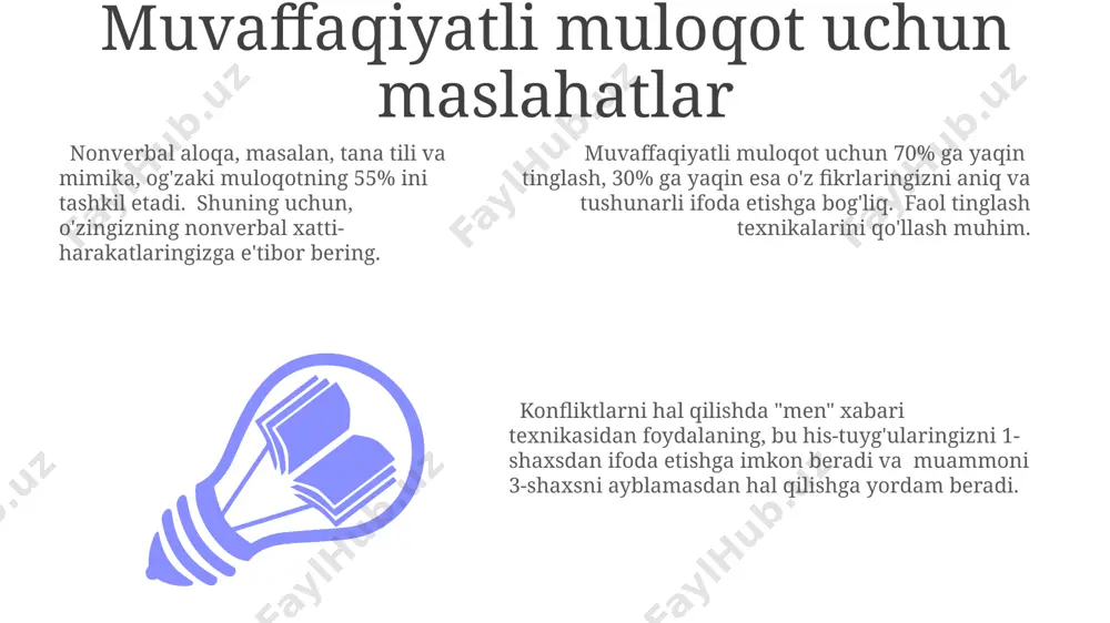i kommunikativ to'siqlarni, masalan, noto'g'ri talqinlar va ziddiyatlarni 40% ga ko'paytiradi, bu esa munosabatlarga salbiy ta'sir ko'rsatadi. muvaffaqiyatli interpersonal munosabatlarning 70% dan ortig'i empatiya darajasiga bog'liq. o'zaro tushunish va ishonch empatiya orqali rivojlanadi. konfliktlar va ularni hal qilish usullari muloqotdagi "men-xabarlari" texnikasi konfliktlarni boshqarishda muhim rol o'ynaydi, chunki u shaxsiy javobgarlikni oshiradi va 70% ga yaqin holatlarda salbiy his-tuyg'ularning kuchayishiga yo'l qo'ymaydi. integrativ yondashuv konfliktni hal qilishning eng samarali usullaridan biridir, chunki u ikki tomonning manfaatlarini bir vaqtning o'zida qondiradi va 80% dan ortiq holatlarda ijobiy natijalar beradi. konfliktlarning 55%i noto'g'ri tushunish va noaniq muloqot tufayli yuzaga keladi, shuning uchun samarali aloqa konfliktlarni oldini olishning asosiy omili hisoblanadi. samimiy munosabatlarni rivojlantirish munosabatlarda 7/38/55 qoidasi muhim ahamiyatga ega: so’zlar 7%, ohang 38%, tana tili 55% ta’sir ko’rsatadi, shuning uchun non-verbal signallarga e’tibor qaratish kerak. o’zaro hurmat va qadrlash, munosabatlardagi muammolarni 5 ta qadamli muloqot modeli yordamida hal qilishga yordam beradi, bu …