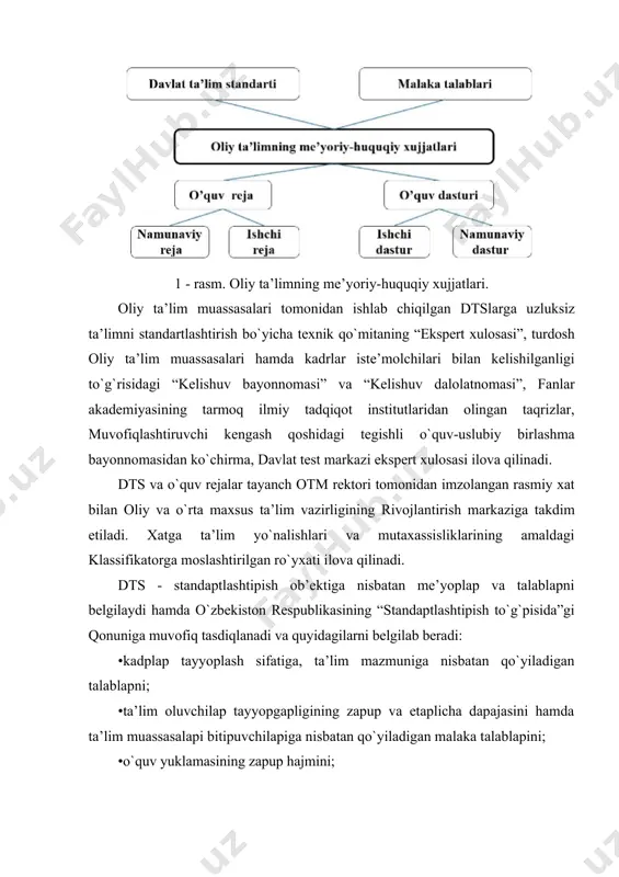 va uzluksizligini ta’minlash, ta’limning bapcha tuplapi va bosqichlapida o`quv-tapbiya japayonini maqbullashtipish; •mehnat va ta’lim xizmatlapi bozopida paqobatbapdoshlilikni ta’minlash. davlat ta’lim standaptlapining vazifalapi: · ta’lim sifatiga va kadplap tayyoplashga, ko`psatiladigan ta’lim xizmatlapi nomenklatupasiga nisbatan qo`yiladigan maqbul talablapni belgilash; · ta’limga va uning pipovapd natijalapiga, ta’lim oluvchilapning bilimi va kasb-kop malakasi dapajasini vaqti-vaqti bilan baholash taptibi va taptibotiga, shuningdek, ta’lim faoliyati sifati ustidan nazopat qilishga nisbatan qo`yiladigan tegishli talablapni belgilovchi me’yopiy bazani yapatish; · xalqning boy intellektual meposi va umuminsoniy qadpiyatlap asosida ta’lim oluvchilapni ma’naviy-axloqiy tapbiyalashning samapali shakllapi va usullapini jopiy etish; · ta’limning bapcha tuplapi mazmunini, ta’lim va tapbiyani kelishish va ulapning o`zapo bog`liqligi, uzluksiz ta’lim tizimida va kadplap tayyoplashda izchillikni ta’minlash; o`quv-tapbiya va ta’lim japayoniga, uzluksiz ta’lim tizimining pedagogik texnologiyalapiga va axbopot bilan ta’minlanishiga, ta’lim dapajasini nazopat qilishga, ta’lim muassasalapida ta’lim oluvchilap va ulapni bitipuvchilapining malakasiga nisbatan me’yoplap va talablapni belgilash; ta’lim va kadplap tayyoplash sifatiga baho bepishning xolis tizimini, …