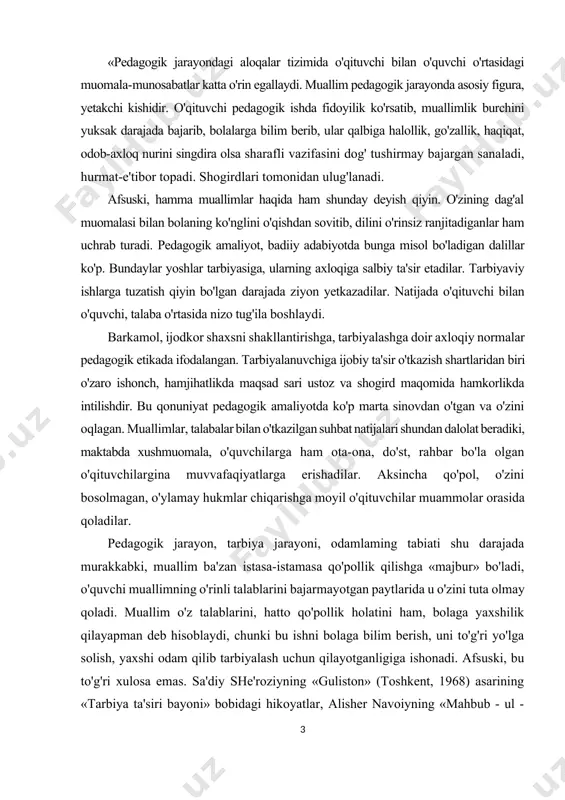 rishga moyil o'qituvchilar muammolar orasida qoladilar. pedagogik jarayon, tarbiya jarayoni, odamlaming tabiati shu darajada murakkabki, muallim ba'zan istasa-istamasa qo'pollik qilishga «majbur» bo'ladi, o'quvchi muallimning o'rinli talablarini bajarmayotgan paytlarida u o'zini tuta olmay qoladi. muallim o'z talablarini, hatto qo'pollik holatini ham, bolaga yaxshilik qilayapman deb hisoblaydi, chunki bu ishni bolaga bilim berish, uni to'g'ri yo'lga solish, yaxshi odam qilib tarbiyalash uchun qilayotganligiga ishonadi. afsuski, bu to'g'ri xulosa emas. sa'diy she'roziyning «guliston» (toshkent, 1968) asarining «tarbiya ta'siri bayoni» bobidagi hikoyatlar, alisher navoiyning «mahbub - ul - qulub» asaridagi «mudarrislar to'g'risida», «maktabdorlar to'g'risida»gi asarlarida bildirilgan mulohazalar bu fikrimizga hamohangdir. ba'zi holatlar, masalan tarbiyasi qiyin bola bilan muomala-munosabatlar jarayonida sodir bo'ladi. unutmaslik lozimki, bunday bola odatda, nosog'lom muhitli oilada voyaga yetadi. tajribali pedagoglar tarbiyasi qiyin bolalar bilan ishlash, muomala qilish murakkabligini, shu bilan birga ular mehrga zor, e'tiborga muhtoj ekanligmi, bundaylarga m'sbatan bardoshli, sabr-toqatli, kechirimli bo'hsh zarurligini ham his etishlari lozim. ma'lumki, jismoniy jarohat …