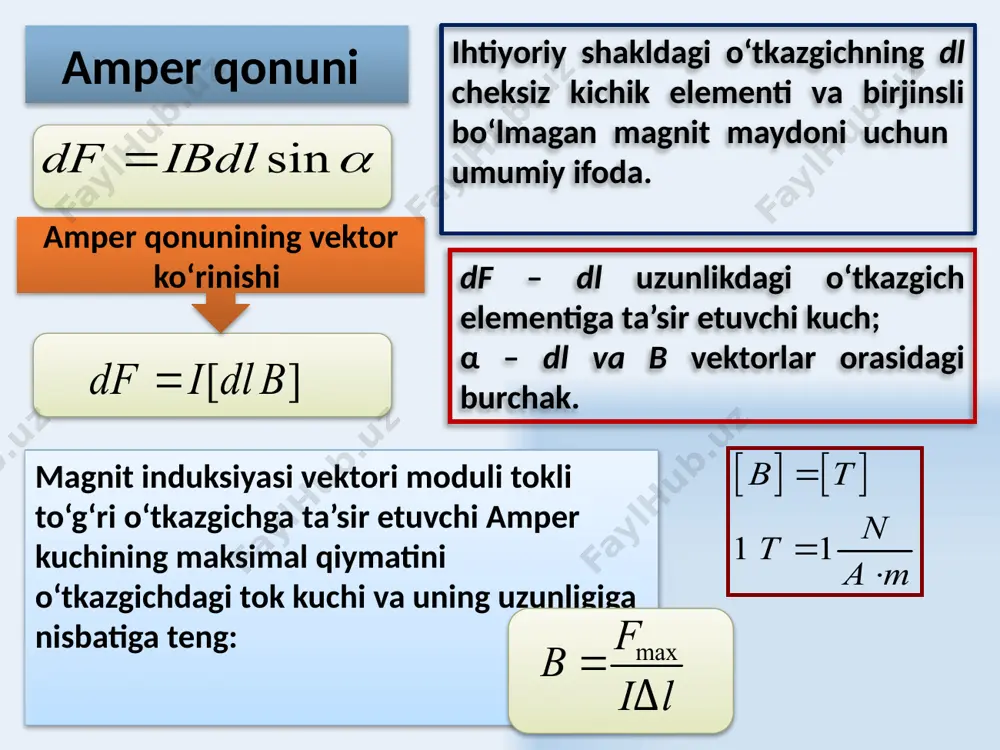 sirida ko‘chadi i tokli o‘tkazgichning dl elementi ko‘chishida bajariladigan elementar ish -s yuzadan o‘tuvchi magnit oqimi magnit maydonidagi tokli o‘tkazgichni ko‘chirishda amper kuchining bajargan ishi tok kuchini o‘tkazgich o‘ragan yuzadan o‘tuvchi magnit induksiyasi oqimiga ko‘paytmasiga teng. 27 magnit maydonida tokli o‘tkazgichning ko‘chishida bajarilgan ish i = const bo‘lgan tokli yopiq kontur magnit maydonidagi ixtiyoriy ko‘chishda bajarilgan ish – yopiq konturga tortilgan yuzadan o‘tuvchi magnit oqimining o‘zgarishi i = const tokli o‘tkazgich yoki yopiq konturni magnit maydonida ko‘chishida bajariladigan ish tok manba’i sarflaydigan energiya hisobiga amalga oshiriladi. 28 авс qismini ko‘chishida amper kuchi ko‘chishga teskari tomon yo‘nalgan cda qismini ko‘chishida amper kuchi ko‘chish tomon yo‘nalgandir. + magnit maydonida tokli o‘tkazgich ko‘chishida bajarilgan ish biz tarafdan авсdа konturni magnit maydonida ko‘chishida amper kuchining bajaradigan ishi da o‘tkazgichlarni ko‘chirishda bajariladigan ishlar yig‘indisiga teng: 29 tokli yopiq konturni magnit maydonida ko‘chirishda bajariladigan ish konturdagi tok kuchini kontur bilan bog‘langan magnit oqimining o‘zgarishiga ko‘paytmasiga teng. …