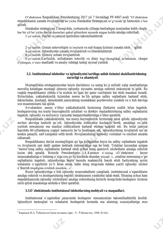 moyalarni jalb etish orqali yirik korxonalarning qurilishi va rekonstruktsiya qilinishi natijasida neft mahsulotlari ishlab chiqarish hajmi 1990 yilga nisbatan 3 barobar ortdi. respublika energetika mustaqilligiga erishdi. ikkinchi bosqichda iqtisodiyotni modernizatsiya qilish va isloh etishni yanada chuqurlashtirish, investitsiya faoliyatini kuchaytirish, chuqur tarkibiy o`zgarishlarni amalga oshirish, shuning negizida iqtisodiy o`sishni ta`minlab, bozor munosabatlarini to`liq joriy qilish maqsad qilib qo`yildi. shu maqsaddan kelib chiqib, birinchi prezidentimiz i.a.karimov mazkur bosqichda amalga oshirilishi lozim bo`lgan vazifalarni ko`rsatib berdi: - iqtisodiyotni yanada erkinlashtirish va islohotlarni chuqurlashtirish; - davlat mulkini xususiylashtirish sohasida boshlangan ishni oxiriga yetkazish; - iqtisodiy o`sishni va makroiqtisodiy mutanosiblik hamda barqarorlikni ta`minlash; - milliy valyuta – so`mni yanada mustahkamlash; - iqtisodiyotning tarkibiy tuzilishini tubdan o`zgartirish, xom ashyo yetkazib berishdan tayyor mahsulot ishlab chiqarishga o`tish, mamlakatning eksport salohiyatini rivojlantirish va mustahkamlash. 1 каримов и.а. ўзбекистон иқтисодий ислоҳотларни чуқурлаштириш йўлида. –т., “ўзбекистон”, 1995, 18-бет. 1 каримов и.а. мамлакатимизда демократик ислоҳотларни янада чуқурлаштириш ва фуқаролик жамиятини ривожлантириш …