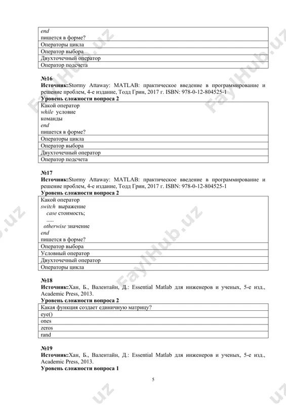 13. уровень сложности вопроса 2 какая из следующих команд вызывает список пользовательских функций help specfun help elfun help ops help №30 источник:stormy attaway: matlab: практическое введение в программирование и решение проблем, 4-е издание, тодд грин, 2017 г. isbn: 978-0-12-804525-1 уровень сложности вопроса 2 какая функция используется для удаления всех обнаруженных переменных clear delete del help №31 источник:stormy attaway: matlab практическое введение в программирование и решение проблем, 4-е издание, тодд грин, 2017 г. isbn: 978-0-12-804525-1 уровень сложности вопроса 2 какая функция используется для отключения обнаруженной переменной x clear х delete help clear help №32 источник:stormy attaway: matlab: практическое введение в программирование и решение проблем, 4-е издание, тодд грин, 2017 г. isbn: 978-0-12-804525-1 уровень сложности вопроса 2 какая функция используется для удаления явно указанных переменных clear a,b,c ops help ops help №33 источник:хан, б., валентайн, д.: essential matlab для инженеров и ученых, 5-е изд., academic press, 2013. уровень сложности вопроса 2 какие …