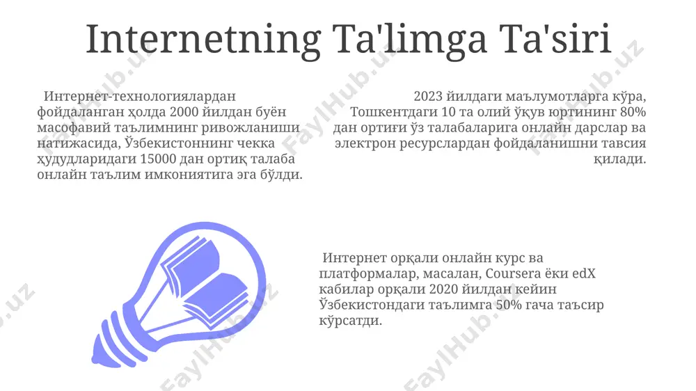 ta'siri ijtimoiy tarmoqlar 2023 yilda dunyo bo'ylab 4,7 milliarddan ortiq foydalanuvchiga ega bo'lib, aqsh va hindiston kabi mamlakatlarda eng yuqori darajadagi ta'sirga ega. o'zbekistonda ijtimoiy tarmoqlar orqali sotiladigan mahsulotlar soni 2022 yilda 15 milliondan oshdi, bu esa elektron tijoratning rivojlanishiga va yangi biznes imkoniyatlarining paydo bo'lishiga olib keldi. so'nggi 5 yil ichida ijtimoiy tarmoqlardagi yolg'on ma'lumotlar va dezinformatsiyaning tarqalishi 300% ga oshdi, bu global miqyosda siyosiy va ijtimoiy notinchliklarga olib kelishi mumkin. internet memlari va trendlari internet memlarining 90% dan ortigʻi ingliz tilida boʻlsa-da, oʻzbekiston kabi mamlakatlarda mahalliylashtirilgan memlar, masalan, "oʻzbekcha reaksiyalar" kabi guruh sahifalarida ommalashib ketdi. 2023-yilda tiktok platformasida oʻzbekistondan "uzbek challenge" deb nomlangan raqs trendi 10 milliondan ortiq koʻrishga ega boʻldi, bu esa mamlakatning internet madaniyatiga global taʼsirini koʻrsatdi. 2010-yillarning oxiridan boshlab, oʻzbekistondagi internet foydalanuvchilari orasida "lol" va "kek" kabi inglizcha internet slanglari oʻzbek tiliga singib ketdi, bu esa tilning evolyutsiyasiga taʼsir koʻrsatdi. internet va iqtisodiyot dunyo bo'yicha …