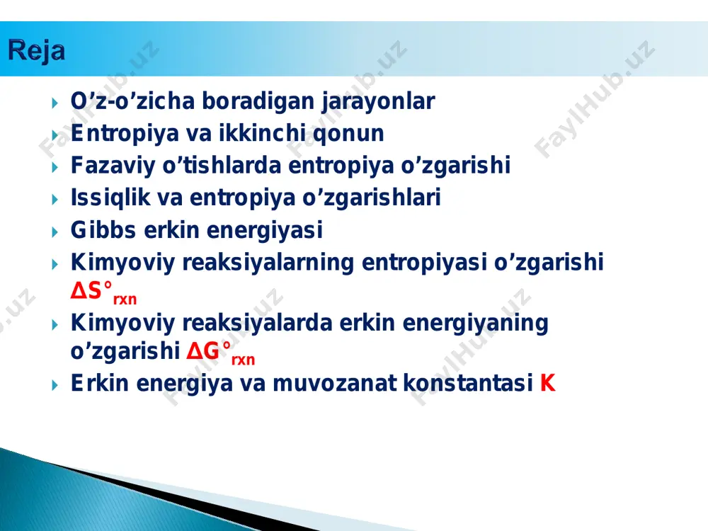 omponentlarining energetik ekvivalent holatlar soni ortishi bilan oshadi.  avstriyalik fizik l.bolztman entropiyaning matematik ifodasi uchun quyidagi tenglamani taklif qiladi: 𝑺𝑺 = 𝒌𝒌 𝐥𝐥𝐥𝐥𝑾𝑾 1 0  termodinamikaning 2 qonuni quyidagicha ta’riflanadi:  o’z-o’zicha boradigan jarayonlarda borliq entropiyasi ortadi. ∆𝑺𝑺𝒃𝒃𝒃𝒃𝒃𝒃𝒃𝒃𝒃𝒃𝒃𝒃 > 𝟎𝟎  entropiya ham entalpiyaga o’xshab holat funksiya hisoblanadi. ∆𝑺𝑺 = 𝑺𝑺𝒃𝒃𝒐𝒐𝒃𝒃𝒃𝒃. − 𝑺𝑺𝒅𝒅𝒅𝒅𝒅𝒅𝒅𝒅. 1 1  modda agregat holati qattiqdan suyuq va suyuqdan gazga o’tganda emtropiya ortadi. 12  ya’ni fazaviy o’tishlarda energiyani taqsimoti ko’proq bo’ladi: 13  makroskopik miqyosda entropiya o’zgarmas haroratda sistema tashqi muhit bilan issiqlik almashinishini bildiradi: ∆𝑺𝑺 = 𝒃𝒃𝒃𝒃𝒅𝒅𝒒𝒒 𝑻𝑻  entropiya birligi j/k.  qaytar jarayonlarda biror xossa juda kam o’zgaradi.  masalan, 0 °c da muzning erishi. 14  muzning erish issiqligi 6,02 kj/mol: 𝑞𝑞𝑞𝑞𝑞𝑞𝑞𝑞. = ∆𝐻𝐻𝑒𝑒𝑒𝑒𝑒𝑒𝑒𝑒𝑒 = 6,02 kj/mol t= 273 k  yuqoridagi tenglamaga qo’ysak jarayon uchun entropiya o’zgarishi quyidagicha: ∆𝑆𝑆 = 𝑞𝑞𝑞𝑞𝑞𝑞𝑞𝑞 𝑇𝑇 = (1 mol)(6,02 � 103 j …