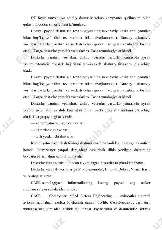 n sо’ng 16 razryadli kompyuterlar uchun operasion sistemalar yaratish jadallashdi va 1981 yilda shaxsiy kompyuterlar uchun birinchi yaratilgan cr/m operasion sistemasining kо’p g’oyalarini о’zida mujassamlashtirgan. ms dos 64 k bayt xotiraga ega bо’lgan kompyuterlarga mо’ljallangan bо’lib, о’zi 8 k bayt xotirani egallagan. hozirgi kunga kelib shaxsiy kompyuterlarning xotirasi birnecha gegabaytlarga tenglashdi. turli mualliflar ms dos ni rivojlantirishni davom etirib, uning ms dos 1.1, ms dos 1.25, ms dos 2.0, ms dos 2-11 versiyalarini taklif etishdi va nihoyat, 1984 yilda ms dos 3.0 ibm pc at shaxsiy kompyuteriga 80286 mikroprotsessorga asoslangan, 5.25 dyuymli diskovodda ishlashga, mо’ljallangan operasion sistema yaratildi. 1986 yilda compaq compyuter firmasi 80386 mikroprotsessorga asoslangan ibm kompyuterini chiqardi. ibm firmasi esa 80386 mikroprotsessorga asoslangan pc/2 (personal system - shaxsiy sistema) kompyuterini yaratdi. bu mikroprotsessor asosida yaratilgan kompyuter nazariy bir necha gegabayt xotiraga ega bо’lishi mumkin edi. ammo ms dos esa 640k bayt xotiraga ega bо’lgan kompyuterlarga moslashgan edi. shuning …
