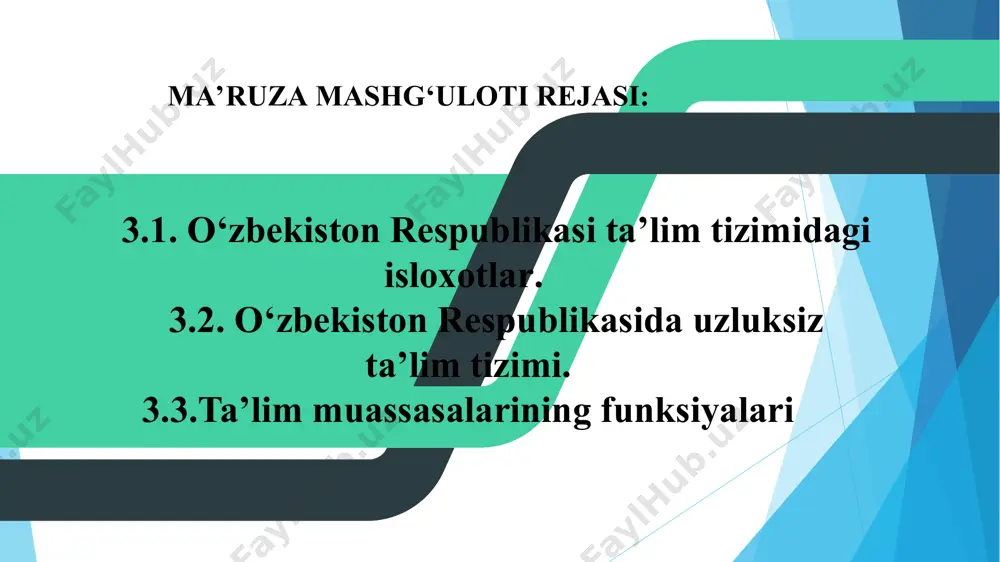 reditatsiyasi — davlat ta’lim muassasalari va tashkilotlari, shuningdek nodavlat ta’lim tashkilotlari (bundan buyon matnda ta’lim tashkilotlari deb yuritiladi) faoliyatining davlat ta’lim standartlari va davlat ta’lim talablariga hamda o‘quv dasturlariga muvofiqligining davlat tomonidan e’tirof etilishi hamda ularning bitiruvchilariga ma’lumot to‘g‘risidagi hujjatlarni topshirish huquqining taqdim etilishidan iborat jarayon; davlat ta’lim muassasasi — davlat hokimiyati va boshqaruvi organlari tomonidan davlat mulki bo‘lgan mol-mulk negizida tashkil etilgan, davlat ta’lim standartlariga va davlat ta’lim talablariga muvofiq ta’lim beradigan muassasa; davlat ta’lim standartlari — davlat tomonidan ta’limning mazmuni va sifatiga nisbatan belgilanadigan talablar majmui; davlat ta’lim talablari — ta’limning tuzilmasiga, mazmuniga va uni amalga oshirish shart-sharoitlariga, shuningdek ta’lim oluvchilarning jismoniy, shaxsiy, intellektual, ilmiy hamda kasbiy sifatlariga qo‘yiladigan majburiy talablar; malaka — shaxsning kasbiy faoliyatning muayyan turini bajarishga tayyorgarligini ifodalaydigan, ma’lumot to‘g‘risidagi tegishli hujjat bilan tasdiqlanadigan bilim, qobiliyat, mahorat va ko‘nikmalar darajasi; mutaxassislik — malaka berish bilan yakunlanadigan muayyan kasbiy tayyorgarlik turining nomi; nodavlat ta’lim tashkiloti — …