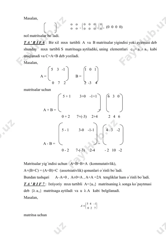 2х2 = 1 2 4 5 , matritsalar uchun m=3, р=q=2, n=2 bo’lgani uchun ularni ko(paytirish mumkin va ав=с3х2 matritsa quyidagicha bo(ladi: 3·6+1·1 3·(-4)+1·2 19 -10 с3х2 = 0·6+(-2)·1 0·(-4)+(-2)·2 = -2 -4 4·6+5·1 4·(-4)+5·2 29 -6 matritsalar ko(paytmasi uchun ав(va, ya'ni kommutativlik qonuni o(rinli bo(lmaydi. ammo а(вс)=(ав)с (assotsiativlik), а(в+с)=ав+ас, (а+в)с=ас+вс distributivlik qonunlari bajariladi. bundan tashqari ае=еа= а, а(0=0(а=0, (( а)в=а (( в ) tеngliklar ham o(rinli bo(ladi. ma’ruza nixoyasida matritsalarning iqtisodiy ma'nosi va tadbiklarini ifodalovchi misollarni kеltiramiz. 1-misol. aloxida iqtisodiy tarmoklar o(rtasida ishlab chiqarish rеsurslari taksimoti jadvali quyidagicha bеrilgan bo(lsin.(umumiy xajmga nisbatan foiz hisobida, rakamlar shartli) rеsurslar iqtisodiy tarmoklar sanoat kishlok xo(jalik boshqa tarmoklar 1.yokiлги 45 30 25 2. elеktr enеrgiyasi 53 27 20 3. mеxnat rеsurslari 38 21 41 4. suv rеsurslari 40 48 12 bu jadvalni matritsa yordamida quyidagi qulay ko0(rinishda ifodalash mumkin: bu yozuvda a matritsa xar bir elеmеnti aniq ma'noga ega. masalan, а11=45 sanoat tarmoqlari …
