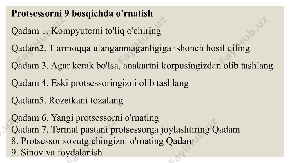 sessoringizni olib tashlang yangi protsessorni o'rnatishdan oldin eskisini olib tashlashingiz kerak. protsessorni ko'tarish uchun rozetka yonidagi qo'lni bosing. shunday qilib, siz uni anakartingizdan osongina olib tashlashingiz mumkin. protsessor sovutgichingiz bormi? uni ulagichdan asosiy sovutgich bilan osongina olib tashlashingiz mumkin. kengaytirilgan sovutgich bilan avval uni uzishingiz kerak bo'lishi mumkin. buni qanday qilishni o'qish uchun sovutgichingiz qo'llanmasini tekshiring. 5.qadam: rozetka va eski protsessorni tozalang endi eski protsessorni olib tashlaganingizdan so'ng, yangisini o'rnatishdan oldin rozetkangiz toza ekanligiga ishonch hosil qiling. kirni tozalash uchun siqilgan havodan foydalaning. suyuqlikni ishlatmaslik juda muhimdir. rozetka juda sezgir va agar ho'l bo'lsangiz, shikastlanadi. eski protsessorni boshqa kompyuterga joylashtirmoqchimisiz yoki sotmoqchimisiz? uni ozgina termal pasta tozalash vositasi bilan tozalang. 6.qadam: yangi protsessoringizni o'rnating endi sizda toza va bo'sh rozetka bor, yangi protsessorni o'rnating. rozetkaning burchaklaridagi o'qni toping va protsessorni ko'rsatilgandek tekislang. agar buni to'g'ri qilmasangiz, protsessorning ulanish nuqtalari egilib qoladi. protsessorni rozetkaga erkin qo'ying va qo'lni yana yoping. sizning …