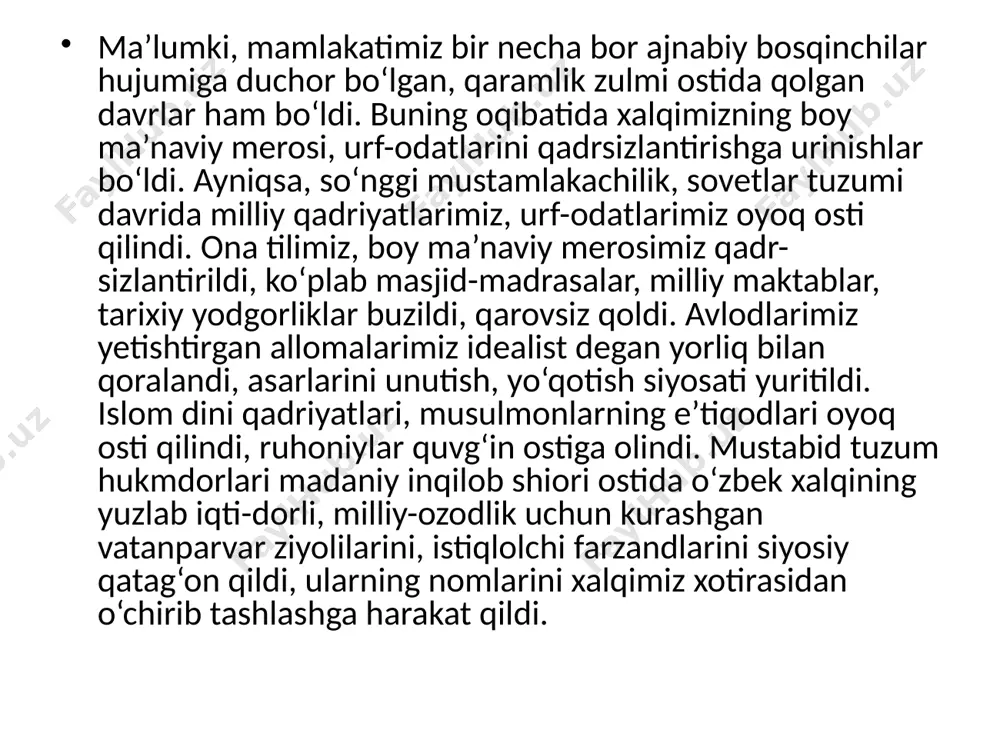 um va marosimlarda ishtirok etish yoxud etmaslik kabi dinga nisbatan o’z munosabatini mustaqil namoyon etadigan shaxsiy huquqidir. hozirda mamlakatimizda 11 ta madrasa, 2 ta diniy oliy ta’lim muassasasi, 1 ta islom akademiyasi faoliyat yuritmoqda. bundan tashqari, o’nlab arab tili kurslari va boshqa diniy ta’lim bilan bog’liq muassasalar ishlab turibdi. diniy ibodatga e’tibor: mamlakatimizda o‘zbek tilining xalq va davlat turmushidagi asosiy ahamiyati va o‘rni qayta tiklandi. o‘zbekiston respublikasi oliy majlisning iv-sessiyasi 1995-yil 21-dekabrda yangi tahrirda “davlat tili to‘g‘risida”gi qonunni qabul qildi. qonunda o‘zbek tili o‘zbek xalqining ma’naviy mulki ekanligi, uning ravnaqi, qo‘llanilishi va muhofazasi davlat tomonidan ta’minlanishi belgilab qo‘yilgan. o‘zbekistonda oliy davlat hokimiyati, mahalliy hokimiyat va boshqaruv organlarining faoliyati, korxonalar, muassasalar va tashkilotlarning hisob-kitobi, statistika va moliya ishlari o‘z-bek tilida yuritilmoqda. tarixiy xotirani tiklanishi mustaqillik tufayli milliy madaniyatimiz, jahon sivilizatsiyasi taraqqiyotiga bebaho hissa qo‘shgan buyo’q bobokalonlarimizning ma’naviy merosi qaytadan o‘rganildi va tiklandi. xalqimiz ulardan bahramand bo‘lishga muyassar bo‘ldi. xalqimiz ma’naviyatining yulduzlari …