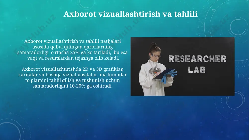 tahlil qilish orqali olingan natijalar, masalan, 10000 ta veb-saytning trafikini tahlil qilish, yangi algoritmlarni ishlab chiqish va optimallashtirishda qo'llanilishi mumkin. axborotni qidirish va qazib olish usullari axborotni qidirishda boolean operatorlari (and, or, not) samaradorligini oshirish uchun so'rovlarni 3-5 ta kalit so'z bilan aniqroq formulalash kerak, bu natijalar sonini kamaytiradi va tegishli ma'lumotlarni topish ehtimolini oshiradi. big data muhitlarida axborotni qazib olishda mashinani o'rgatish algoritmlari, masalan, k-means yoki dbscan, ma'lumotlarni avtomatik ravishda 1000 ga yaqin klasterlarga guruhlashga qodir bo'lib, tahlilni soddalashtiradi. axborotshunoslikda ilmiy tadqiqotlarning ahamiyati axborotshunoslikda 100 dan ortiq ilmiy maqolalar nashr etilishi, ilmiy jamoatchilikka yangi bilimlarni tarqatish va global muammolarni hal qilishga hissa qo'shishini ta'minlaydi. axborotshunoslikda ilmiy tadqiqotlar yangi texnologiyalarni, masalan, sun'iy intellekt va katta ma'lumotlarni (big data) qo'llash orqali samaradorlikni 20-30% ga oshirishga yordam beradi. axborot tizimlarini loyihalash va rivojlantirish katta hajmdagi ma'lumotlarni (big data) qayta ishlash uchun axborot tizimlarini loyihalashda hadoop va spark kabi 2 ta asosiy texnologiya …