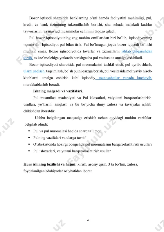 rdagidek rivojlanishining asosiy shartlaridan biri muomalada to‘laqonli pullarning bo‘lishidir. pul - qimmatbaho metallar - iste’mol qiymati bilan ekvivalent qiymat chatishib ketgan alohida tovar ko‘rinishidagi umumiy ekvivalentning tugallangan shaklidir. pul haqidagi ta’limotning rivojlanishiga yirik qomusiy olim abu rayhon beruniy (973-1048) katta hissa qo‘shgan. u markaziy osiyoda birinchi bo‘lib pulning kelib chiqishi va ahamiyatini o‘rgangan. «pulning kelib chiqishi oziq-ovqat mahsulotlari ko‘payishi va ularga hamda ishlab chiqaruvchilarning bir-birlari mehnatiga bir vaqtda paydo bo‘lmasligi bilan bog‘liqdir. bu o‘z navbatida ular o‘rtasida almashuvni keltirib chiqaradi. ammo almashuv baholar va ekvivaletlikni aniqlash uchun umumiy o‘lcham belgilashni taqozo etadi. oltin ana shunday o‘lcham bo‘ldi, chunki u kam uchraydi, uzoq saqlanadi, ko‘rinishi bilan odamlarni quvontiradi, uni yiriklash va maydalash mumkin, ashyosi va mohiyatini o‘zgarmay turli xil buyumlar yasashda ishlatiladi» 46 - deb hisoblagan edi beruniy. u pulning quyidagi funksiyalarini belgilab bergan: sarflangan mehnat va tayyorlangan mahsulot o‘rtasidagi munosabatni ifodalash; xazinaga aylanish ; davlatning funksiyalarini bajarishda ishlatilish. shunday qilib, …