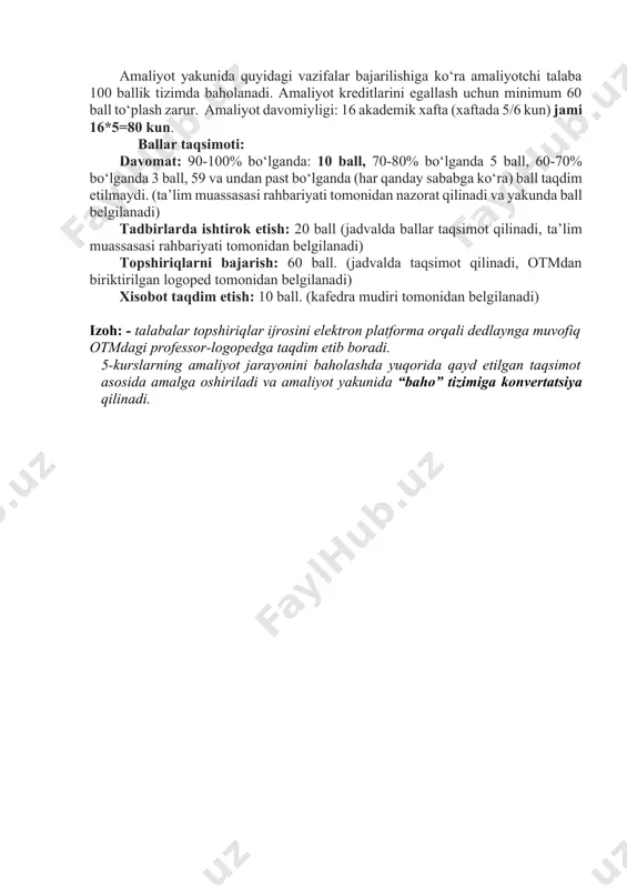 un, 60 soat) 11.09.-23.09. gacha 6-kun 1) logopedning yillik namunaviy rejasi, kalendar rejasi bilan ishlash va tuzish. 2) logoped ish rejasi asosida yillik va choraklik reja tuzish; 3) logoped mashg‘ulotlarini kuzatish va tahlil qilish. logoped mashg‘ulotlarini kuzatish va tahlil qilish. kuzatuv yuzasidan talaba bolalar bilan ish olib borish tartibi tо‘g‘risida tahlil yoziladi.tahlilda: bolalarni diqqati, qiziqishi, logoped tomonidan materialning taqdim etilishida oddiydan murakkabga borishi va ilmiy prinsipiga amal qilishi, kо‘rgazmali qurollardan foydalanishiga e’tibor qaratiladi 4) maktab psixologi bilan davra suhbati tashkil etish va psixologik sо‘rovnoma tayyorlash; 5) tarbiyalanuvchilar tibbiy-pedagogik hujjatlarini o‘rganish; 6) logoped mashg‘ulotlarini kuzatish va tahlil qilish. kuzatuv yuzasidan talaba bolalar bilan ish olib borish tartibi tо‘g‘risida tahlil yoziladi.tahlilda: bolalarni diqqati, qiziqishi, logoped tomonidan materialning taqdim etilishida oddiydan murakkabga borishi va ilmiy prinsipiga amal qilishi, kо‘rgazmali qurollardan foydalanishi, sinflar kesimida bolalarning darsdagi psixologik xolatiga e’tibor qaratiladi 7) ta’lim muassasasida faoliyat olib borayotgan fan to‘garaklari va ularning faoliyati bilan tanishish.to‘garak mashg‘ulotlari …
