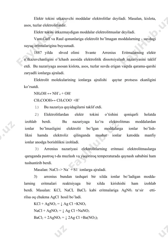g cl +ba(no3)2 arrenius nazariyaisga. muvofiq ko’p negizli kislotalar eritmalarda birin-ketin dissotsiyalanadi. h3po4 ↔ h+ + h2po2-4 h2po4 ↔ h+ + hpo2-4 hpo24 ↔ h+ + po3-4 birin-ketin bunday dissotsiyalanishda ajralish protsessi eng birinchi bosqich buyicha kuchli boradi, ikkinchi va uchinchi bosqichlarda kamroq ionlar hosil bo’ladi. 4) bu nazariyada kislota va asoslarni ta‘rifladi. suvda erigan vodorod ionlariga ajraladigan elektrolitlar kislota deb ataladi. eritmada vodorod ionlari qanchalik ko’p bo’lsa kislota shuncha kuchli bo’ladi. suvda gidroksil ionlaridan tashqari, boshqa manfiy ionlarga ajralmaydigan elektrolitlar asoslar deb atalishini ko’rsatdi. 1891 yilda i. a, kablukov dissotsiyalanish protsessini d. i. mendeleevning gidratlar nazariyasi asosida qarab, erigan modda ionlari erituvchi molekulalari bilan ximiyaviy birikib ionlarning gidratlarini hosil qilishligini ko’rsatdi. masalan: cr3+ suvdagi eritmada 6 h2o molekulasi bilan birib [sr(h2o)6] tarkibli ion-gidrat hosil qiladi. bundan tashqari kablukov arrenius nazariyasi faqat suvdagi eritmalar bilan cheklanishini ko’rsatdi. elektrolitlarning eritmalarida ionlarning suv molekulala​ri bilan ximiyaviy birikishi va gidratlanish ustida juda ko’p …