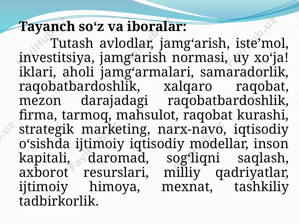 hal qiluvchi omillardir. jamg‘arish normasi bevosita jamg‘arish summasining butun milliy daromad hajmiga nisbati bilan aniqlanadi: jn = ( js / md ) x 100%, bunda: jn - jamg‘arish normasi; js - jamg'arish su'mmasi; md - milliy daromad. jamg‘arish normasining ham o‘z chegarasi bo‘lib, uni me’yoridan oshirish iqtisodiy jihatdan samarasiz bo‘lib chiqishi va salbiy oqibatlarga olib kelishi mumkin. masalan, uning haddan tashqari ortishi natijasida iste’mol fondining hajmi kamayishi, investitsion sarflar samaradorligi pasayib ketishi mumkin, chunki kapital mablag‘iar hajmi bilan qurilish tashkilotlarining quvvatlari, materiallar va uskunalar yetkazib berish imkoniyatlari, infratuzilmaning rivojlanishi o‘rtasida nomutanosiblik paydo bo‘ladi. oqibatda iqtisodiy o‘sish pasayib ketish tamoyiliga ega bo‘ladi. jamg‘arish hajmi milliy daromadning bir qismini tashkil etadi va shu sababli milliy daromad hajmi ko'payishini belgilaydigan omillar jamg‘arish miqdorini ham belgilab beradi. bu omillardan asosiysi qo`llaniladigan resurslar massasi va ularning unumdorligidir. jamg‘arish miqdori ishlab chiqarish jarayonida xomashyo, materiallar, energiyani tejab-tergab sarflashga ham bog‘liq. mahsulot birligiga ularni sarflashni kamaytirish moddiy …