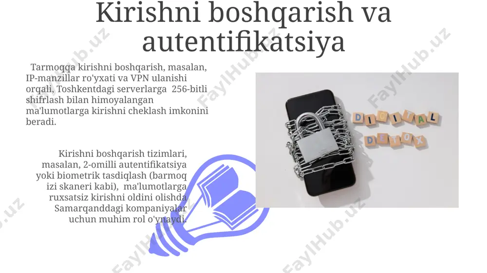 adaniyatini mustahkamlaydi. ma'lumotlar bazasiga kirishni cheklash, 100 dan ortiq foydalanuvchilarga rolga asoslangan kirish nazorati (rbac) orqali samarqanddagi ma'lumot markazida amalga oshiriladi. e'tiboringiz uchun rahmat @taqdimot_robot image4.jpg image5.jpg image6.jpg image7.jpg image8.jpg image9.jpg image10.jpg image11.jpg image12.jpg image1.jpeg image2.jpeg image3.jpeg