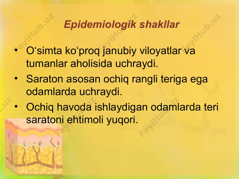 ish va palpatsiya. radioizotopni o'rganish (radiaktiv fosforning to'planishi aniqlanadi). gistologik tekshirish. ichki organlarda metastazlar mavjudligini istisno qilish uchun ultratovush, rentgenografiya va kt o'tkaziladi. teri saratonini davolash radiatsiya terapiyasi. jarrohlik. kriyojenik ta'sir. fotodinamik terapiya kimyoterapiya. radiatsiya terapiyasi. kichik o'smalar uchun yaqin fokusli rentgen terapiyasi qo'llaniladi. 45 - 50 gy umumiy dozasi to'liq davolanishning 95% ni ta'minlaydi. kursning davomiyligi 1 oy. katta neoplazmalar uchun kombinatsiyalangan yoki kombinatsiyalangan radiatsiyaviy davolash qo'llaniladi. boshida masofaviy gamma terapiyasi buyuriladi. 50 - 60 gy dozasi neoplazmaning ko'p qismini parchalanishiga olib keladi. o'simta qoldiqlari yaqin fokusli rentgen terapiyasi bilan davolanadi yoki jarrohlik yo'li bilan olib tashlanadi. kriyojenik ta'sir. ushbu davolash usuli bazal hujayrali karsinomani davolash uchun yanada maqbuldir. kriogen ta'sir qilish suyuq azot yordamida amalga oshiriladi. teri saratonining kichik va yuzaki shakllarini (t1) davolash odatda bir yoki bir nechta sohalardan krioapplikatsiya orqali, odatda ambulatoriya sharoitida amalga oshiriladi. o'simtaning kamida uchta muzlatish-eritish tsikli amalga oshiriladi. rejalashtirilgan kriodestruktsiya zonasining chegarasi …