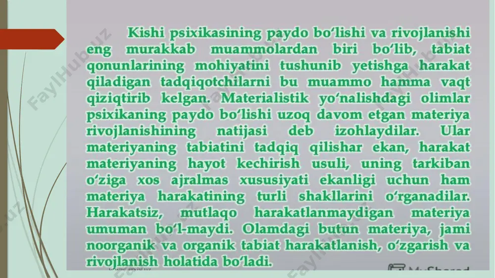 ur konkrеt vaziyatdan abstraktsiyalashuvga (mavxumlashishga) va ushbu vaziyat munosabati bilan kеlib chiqishi mumkin bo`lgan oqibatlarni oldinroq payqash layokatiga ko`ra ajralib turadi. (kеmaga suv kira boshlashi bilan tеshigini tuzatish, yonilg`i kamayishi bilan uchuvchining samolyotni yaqinrok aerodromga qo`ndirishni mo`ljallashi va xokazolar shunga misol bo`la oladi). psixik tadqiqotlar ontogenativ rivojlanishining xususiyatlari. psixologik tadqiqotlar bosqichlari. yoshga bog'liq rivojlanish psixologiyasining eng muhim vazifalar ontogenez (yunon tilidan. ontos - mavjudlik va genezez - tug'ilish, asl rivojlanish jarayoni); bolaligi va yashash joylari davomida shaxsning ruhiyatining asosiy tuzilmalarini shakllantirish. germaniyaning biologining biologining nazariyasiga ko'ra, individual rivojlanish (ontogenez) - bu genus insonning qisqartirilgan rivojlanishi (filojenez), i.e. uning individual rivojlanishi jarayonida bola insoniyat tarixining bosqichlarini takrorlaydi. uning tirikligi jarayonida inson psixikasini rivojlantirish (ontogenezda) bir nechta rivojlanish liniyalarini o'z ichiga oladi: psixosomatik (asab tizimining rivojlanishi); jinsiy rivojlanish; yosh o'zgarishi; kognitiv aqliy jarayonlarning kognitiv rivojlanishi (idrok, xotira, fikrlash, nutq, aql); hissiy-irodali rivojlanish; shaxsiy rivojlanish; axloqiy rivojlanish; faoliyat va ko'nikmalarni ishlab chiqish. ilmiy …