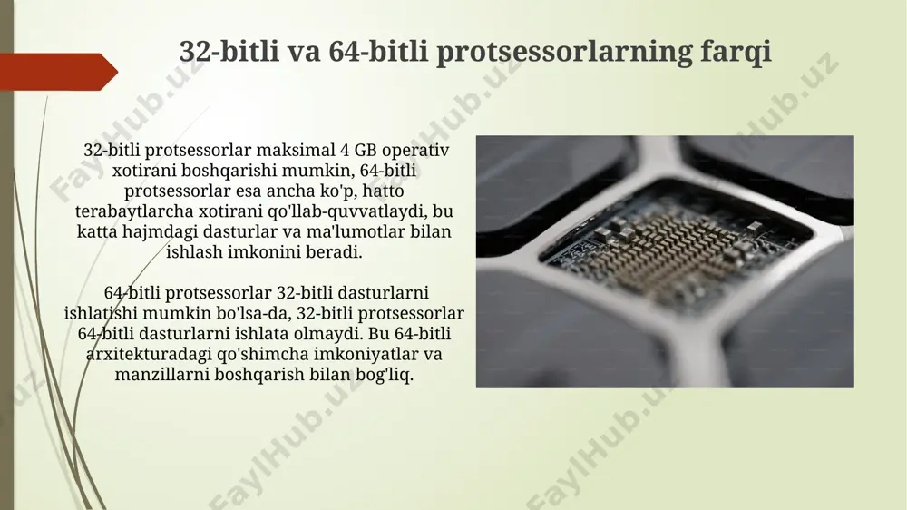 ubitlarga asoslangan yangi hisoblash arxitekturalari paydo bo'lishi mumkin. kelajakda 64-bitli protsessorlarning ustunligi yanada kuchayib, 32-bitli tizimlarning qo'llab-quvvatlanishi asta-sekin kamayishi kutilmoqda, bu esa dasturiy ta'minot va apparat moslamalarini loyihalashda o'zgarishlarni keltirib chiqaradi. e'tiboringiz uchun rahmat @taqdimot_robot image1.jpg image2.jpg image3.jpg image4.jpg image5.jpg image6.jpg image7.jpg image8.jpg image9.jpg