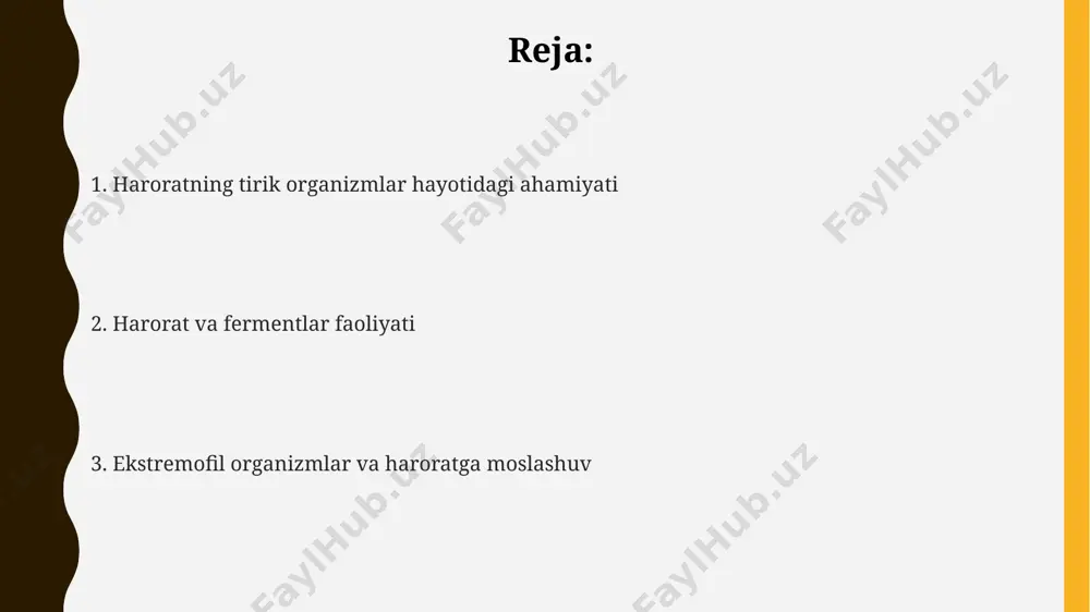 ariga va atrof-muhit sharoitlariga bog'liq bo'lib, masalan, arktika suvlarida yashovchi baliqlar uchun 0°c dan 10°c gacha bo'lishi mumkin. ko'pchilik sutemizuvchilar, shu jumladan insonlar uchun optimal tana harorati 37°c atrofida bo'lib, bu fermentlarning optimal faoliyati va metabolik jarayonlarning samarali o'tishi uchun muhimdir. past harorat ta'siri arxeologik topilmalar shuni koʻrsatadiki, taxminan 4000 yil avval mesopotamiya hududida qurgʻoqchilik va yuqori harorat tufayli, dehqonchilik madaniyati rivojlanishi sekinlashgan va aholi sonining kamayishi kuzatilgan. taxminan 11 000 yil oldin sodir boʻlgan yengil muzlik davri tugashi bilan, dunyo boʻylab oʻrtacha harorat 4-7°s ga koʻtarilgan, bu koʻplab hayvon va oʻsimlik turlarining tarqalishiga va yangi ekotizimlarning shakllanishiga ta'sir qilgan. oʻtmishdagi harorat ta'siri yerning 500 million yil avvalgi perm davrida sodir boʻlgan ommaviy qirilib ketishida muhim rol oʻynagan, bu davrda yer yuzidagi turli hududlarda, jumladan, sibirda, harorat keskin oʻzgargan. haroratning o'simliklarga ta'siri o'zbekistonning cho'l hududlarida, 40°c dan yuqori haroratlarda o'sadigan ba'zi o'simliklar, masalan, saksovul, suvni tejamli sarflash uchun maxsus fiziologik …