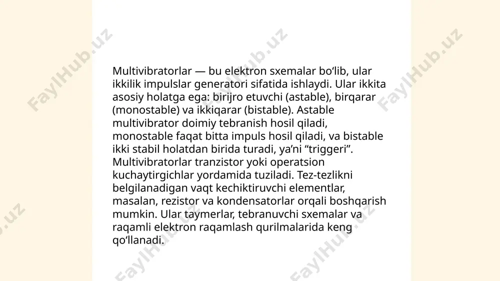 rezistorlar va kondensatorlar, chiqish impulslarining chastotasi va davriyligini aniqlaydi. elektronika tahlilida kuchlanish va tokning vaqt bo'yicha o'zgarishi va qiymatlari diod va tranzistorlar o'rnida hisob-kitob qilinadi. ... t.me/slaydai_bot multivibratorlar turli xil elektron ilovalarda qo'llaniladi. ular asosan impuls generatorlari, taymerlar va signallarni shakllantirish qurilmalari sifatida ishlatiladi. bitta barqaror holatga ega bo'lgan monostable multivibratorlar taymer va puls kengligini modulyatsiya qilish ilovalarida foydalidir. bistable multivibratorlar esa raqamli elektronika sohasida oʻtish va toʻlqin shaklini yaratishda, shuningdek, ma'lumotlarni saqlashda ishlatiladi. astable multivibratorlar esa uzluksiz impuls generatorlar sifatida quloqchinlar yoki ovozli signal tizimlarida keng qo'llaniladi. shu tariqa multivibratorlar turli elektron davrlar va tizimlar orasida samarali sinxronizatsiya va vaqtni boshqarish imkoniyatlarini ta'minlaydi. ... t.me/slaydai_bot 10. rc multivibratorlar rc multivibratorlar osilator sifatida foydalaniladigan elektron davrlardir, ular resistor (r) va kondensator (c) komponentlaridan iborat. ushbu davrlar simmetrik yoki asimmetrik ko'rinishda qo'llanilishi mumkin. har bir bosqichda rc komponentlari yordamida vaqt sta'viy hajmi belgilanadi. ko'pincha impuls generatorlari sifatida ishlatiladi. ish chastotasi rc …