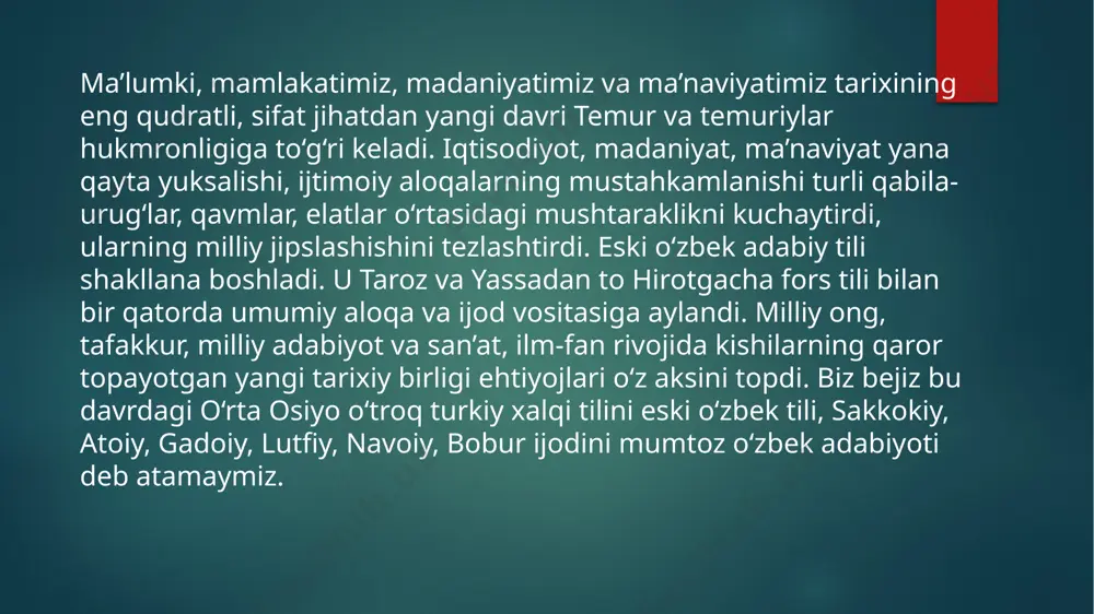 emur siyosat maydoniga chiqdi. markazlashgan yirik feodal davlat barpo etdi. madaniyat, maorif qaytadan yuksala boshladi. shuning uchun xiv asrning 2-yarmi va xv asr tarixida sharq uyg`onish davrining 2-bosqichi deb ataladi. temur movorounnahrga boshqa o`lkalardan hunarmandlar, olimlar, san’atkor, muxandislarni olib keltirdi. samarqand va hirotda madrasalar, kutubxonalar, rasadxonalar qurildi. tibbiyot, riyoziyot, falakkiyot, geografi, tarix, adabiyot, falsafa, tarbiyashunoslikka oid ajoyib asarlar yaratildi. temurdan so`ng temuriylar davrida mamlakat movorounnahr va xuroson davlatlariga ajralgan holda boshqarildi. samarqand va hirot madaniyati, ilm - fan markaziga aylandi.shoxizinda, guriamir, bibixonim masjidi, registon maydoni, qator bog`lar va boshqalar barpo etildi. soxibqiron amir temurning ta’lim tarbiyaga oid fikrlari. amir temur kuragon ibn amir tarag`ay (1336-1405). temur shaxsi masalasi uzoq yillar davomida man qilinganligi natijasida nafaqat temur tarixi, balki markaziy osiyoning xiv-xv asrlardagi tarixi, madaniyati deyarli o`rganilmay qolgan edi. bu haqda prezidentimiz i.a.karimov shunday yozadi: "amir temur nomi tariximiz sahifalarida qora buyoq bilan o`chirildi, unutishga mahkum etildi. maqsad xalkimizning(ongidan) yuragidan milliy …