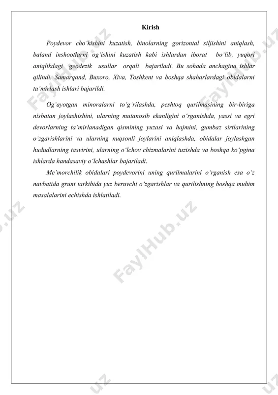 reperi va uning raqami: ustundagi yoki devordagi cho‘kish markasi: tt -4- tutun trubalari va ularning raqami: st1- stvor. 2.4. korrelatsion tahlil usuli bilan nivelirlash to‘ridagi reperlar va markalar nazorati. biz 1-rasmga asoslanib reperlarga bog‘lab binoga o‘rnatilgan markalardan nivelir yordamida har sikl 3-oy oralig‘i maboynida markalarning xolati aniqlanadi. kuzatishlar 3 ta sikl davom etib jadvalda balandliklar h aniqlanib ho‘r ni o‘rta qiymati hisoblab, topiladi. kuzatishlar № birinchi holat kuzatishlar h1 ∆1 h2 ∆2 h3 ∆3 1 2 3 4 5 6 7 8 9 10 11 12 13 14 15 16 17 18 19 20 o‘rtachasi nisbiy balandliklar h o‘rta qiymati. δ1= h o‘r- h i , δ2= h o‘r- h i , δ3= h o‘r- h i (1) shuningdek qiymatlari ( 2) ikkinchi markaziy momentlar aniqlanadi. (3) bu yerda n - kuzatish sikllar soni (n=20) va markaziy momentlarni birinchi siljishi: (4) o‘rtacha kvadratik og‘ishlar (standartlar) qiymatlari aniqlanadi; ikkinchi markaziy momentlari …
