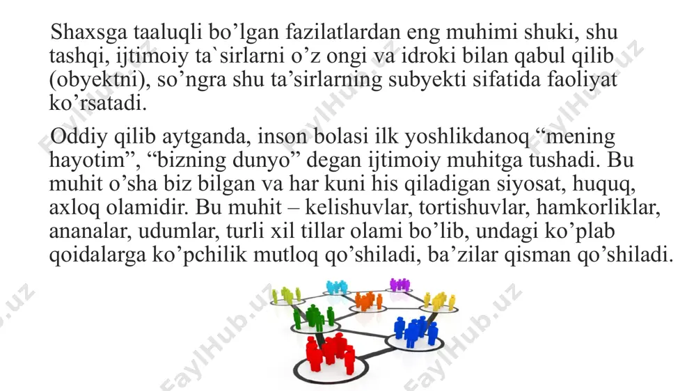 qoslash shuni ko’rsatadiki, ispan xalqi ko’proq oilaning xavfsizligi, ota-onani xurmat qilish va boshqalar tomonidan tan olinishi kabi sharaf va oilaga oid qadriyatlar bilan shug’ullangan. aksincha gollandiyaliklar ambitsiya, qobiliyat va mustaqillik kabi individualistic qadriyatlarga nisbatan ancha yuqori natijalarga erishdilar. yevropaning turli mamlakatlarida olib borilgan tadqiqotlar shuni ko’rsatdiki, o’zini o’zi yaxshilaydiganlar boshqalar tomonidan hissiy jihatdan barqaror, ijtimoiy jixatdan jozibali va ijtimoiy ta’sirchan hisoblanadi. 5.ijtimoiy tarmoq bizning shaxsiyatimizga qanday ta’sir qiladi? psixologlar facebook kabi onlayn ijtimoiy tarmoq saytlaridan foydalanish bizning shaxsiyatimizni shakillantirishi va aks ettirish mumkinligini aniqlailar. 13 yoshdan 18 yoshgacha bo’lgan xitoyda o’spirirnlarni olib brogan bir tadqiqot shuni ko’rsatdiki, internetdan foydalanish uchun ortiqcha vaqt juda ko’p tashvishlarga olib keldi va internetdan ancha kam vaqt o’tkazzgan o’smirlar bilan taqqoslaganda depressiyaga uchrash holati yuqoriligi aniqlangan. . boshqa tadqiqotlar shuni ko’rsatdiki, ijtimoiy tarmoqlardan yuqori darajada foydalanish psixologik farovonlikni pasaytiradi (biz o’zimizni qanday baxtli his qilamiz) va do’stlarimiz hamda romantic sheriklarimiz bilan muloqot sifati pasayishi kuzatiladi. …