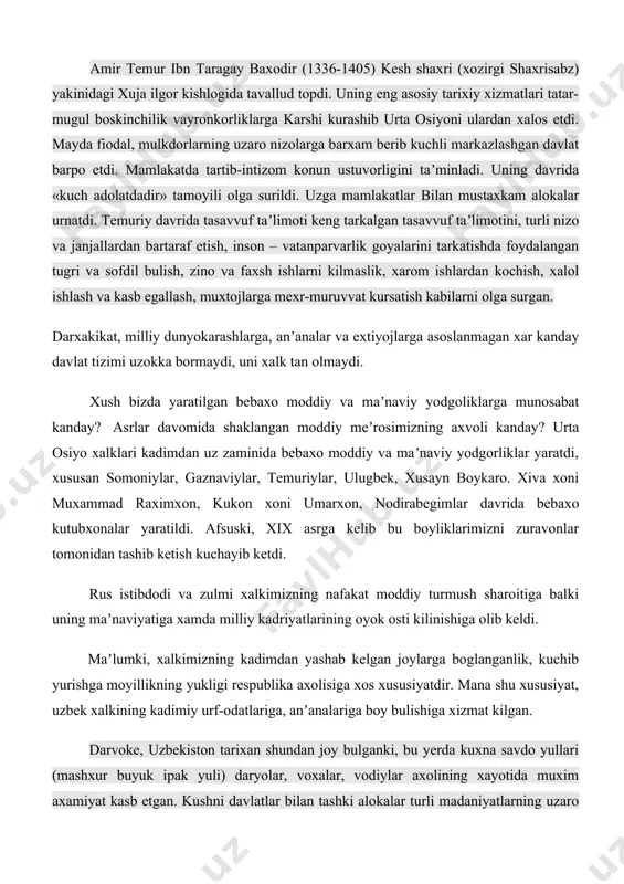 va bir tomonlamaligini kursatib berishga xizmat kiladi. ikkinchi tomondan shark xalklari katorida uzbek xalkining xam ilgor maʼnaviy, axlokiy madaniy va ilmiy merosidagi insonparvarlik, muxabbat, dustlik, mexnatni sevish, odamiylik butun jonzot tabiatga mukaddas maʼno beruvchi mexr-muxabbat va asrab avaylab munosabatda bulish, insonni ruyi-zaminning gultojisi deb karash muxim axamiyat kasb etadi. shuningdek, tabiat va insonga yangicha munosabatda bulish goyalari jamiyatimiz kishilarining maʼnaviy ekologiya madaniyatining eʼzozlash ruxida tarbiyalashni xam takozo etadi. shuni aloxida taʼkidlash kerakki, inson akli va kuli bilan nimaiki yaratmasin, ular goya va tushuncha, bilim, isteʼdod, kobiliyat sifatida shakllangan maʼnaviyat zaminida yuzaga keladi. chunki, shaxs maʼnaviyati millat, davlat, jamiyat maʼnaviyatining bir bulagidir. shaxsning maʼnaviy kamoloti odamlar urtasidagi kup kirrali munosabatlar, jamiyat xayotidagi sharoit va imkoniyatlar asosida amalga oshadi. bunday imkoniyat mamlakatimiz mustakillikka erishgan kundan boshlab yuzaga chikdi. zotan, “biz barpo etayotgan yangi jamiyat yuksak maʼnaviy va axlokiy kadriyatlarga tayanadi va ularni rivojlantirishga katta eʼtibor karatadi. bu jarayon milliy istiklol goyasi va …