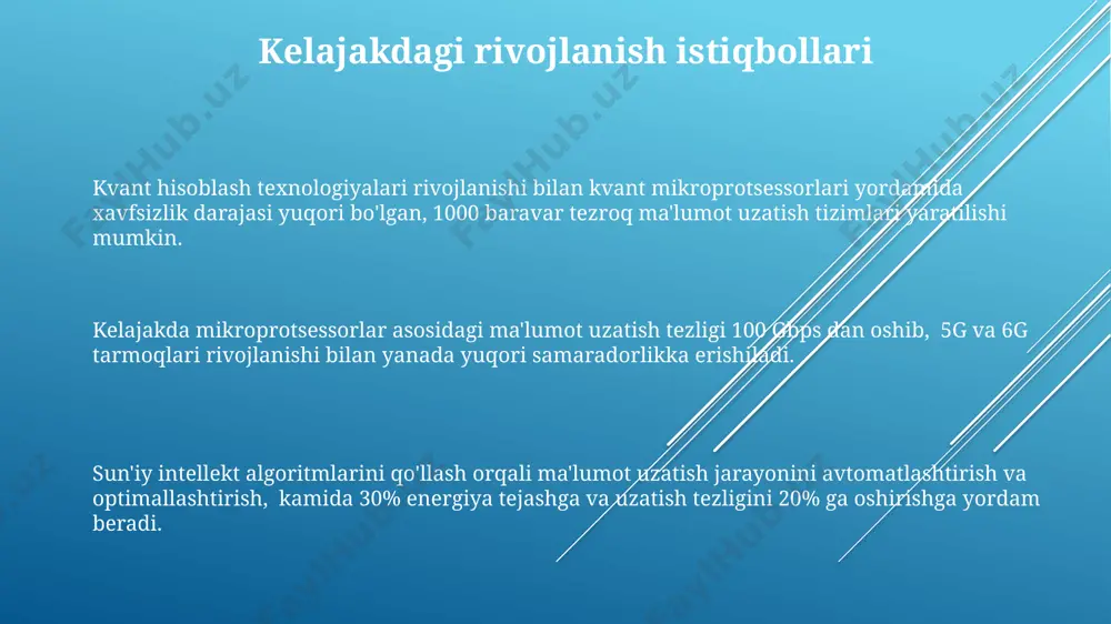 'lumot uzatishni ta'minlaydi, bu esa protsessorning boshqa vazifalarga e'tiborini qaratishiga imkon beradi. turli xil ma'lumot uzatish protokollari (spi, i2c, uart) mikroprotsessorlar orqali turli xil periferik qurilmalar bilan aloqa qilish uchun qo'llaniladi va har bir protokol o'ziga xos ma'lumot uzatish tezligi va samaradorligiga ega. mikroprotsessorning ichki avtobusining kengligi (masalan, 64 bit) ma'lumot uzatish tezligiga bevosita ta'sir qiladi, chunki kengroq avtobus bir vaqtning o'zida ko'proq ma'lumot bitlarini uzatishi mumkin. mikroprotsessorlar asosida ma'lumot uzatish tushunchasi mikroprotsessorlar ma'lumot uzatish tezligini, masalan, 1 gbps gacha, real vaqt rejimida boshqarish imkonini beradi, bu esa yuqori samaradorlikka olib keladi va tcp/ip protokollari kabi turli xil tarmoq standartlarini qo'llab-quvvatlaydi. mikroprotsessorlar asosida qurilgan ma'lumot uzatish tizimlari, xotira boshqaruv birliklari (mmu) orqali 1 mb dan 16 gb gacha bo'lgan xotira hajmini samarali boshqarishi mumkin, bu esa kattaligi turlicha bo'lgan ma'lumotlarni uzatish uchun yetarli imkoniyat yaratadi. 8-bitli mikroprotsessorlar oddiy ma'lumot uzatish tizimlarida ishlatiladi, 32-bitli va 64-bitli mikroprotsessorlar esa murakkabroq va yuqori …