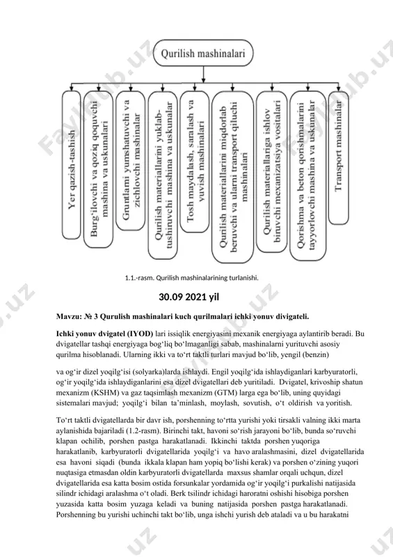 anik energiyaga aylantirib beruvchi qurilmaga kuch qurilmasi deb ataladi. qurilish mashinalarida ichki yonuv dvigateli (iyod), gidravlik, pnevmatik va elektrik dvigatellari ishlatiladi. 1.1.-rasm. qurilish mashinalarining turlanishi. 30.09 2021 yil mavzu: № 3 qurulish mashinalari kuch qurilmalari ichki yonuv divigateli. ichki yonuv dvigatel (iyod) lari issiqlik energiyasini mexanik energiyaga aylantirib beradi. bu dvigatellar tashqi energiyaga bog‘liq bo‘lmaganligi sabab, mashinalarni yurituvchi asosiy qurilma hisoblanadi. ularning ikki va to‘rt taktli turlari mavjud bo‘lib, yengil (benzin) va og‘ir dizel yoqilg‘isi (solyarka)larda ishlaydi. engil yoqilg‘ida ishlaydiganlari karbyuratorli, og‘ir yoqilg‘ida ishlaydiganlarini esa dizel dvigatellari deb yuritiladi. dvigatel, krivoship shatun mexanizm (kshm) va gaz taqsimlash mexanizm (gtm) larga ega bo‘lib, uning quyidagi sistemalari mavjud; yoqilg‘i bilan ta’minlash, moylash, sovutish, o‘t oldirish va yoritish. to‘rt taktli dvigatellarda bir davr ish, porshenning to‘rtta yurishi yoki tirsakli valning ikki marta aylanishida bajariladi (1.2-rasm). birinchi takt, havoni so‘rish jarayoni bo‘lib, bunda so‘ruvchi klapan ochilib, porshen pastga harakatlanadi. ikkinchi taktda porshen yuqoriga harakatlanib, …