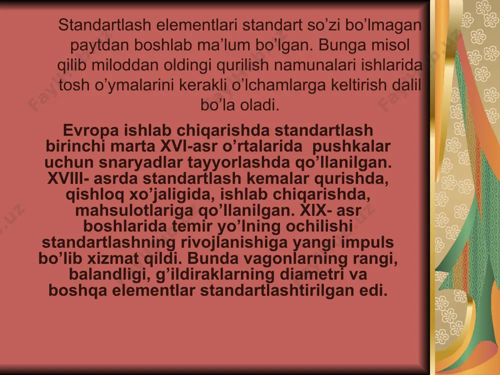hishlaridan biri mks, sgs, mkgss o’rniga xalqaro birliklar sistemasi si sistemasining kiritilishidir. davlat standartlarini xalq xo’jaligini barcha korxonalarni, tashkilot va muassasalari qo’llashi shart. bunaqa standartlarni asosan ommaviy va ko’p seriyali ishlab chiqariladigan mahsulotlarni, shuningdek tarmoqlararo ob’ektlarni me’yor, qoida, talab, tushunchalarini davlat standart markazi tasdiqlaydi, kuchga kiritadi, o’zgartiradi va bekor qiladi. tarmoq standartlari va shu tarmoqni barcha korxona va muassasalari uchun, shuningdek uni mahsulotini ishlatadigan boshqa tarmoqlarni korxona va tashkilotlari uchun majburiy. bu standartlarni tarmoqlarga qarashli vazirliklar tasdiqlaydi, kuchga kiritadi, o’zgartiradi va bekor qiladi. tarmoq standartlari davlat standartlarini rivojlantirishi yoki cheklashi mumkin, agarda oxirgilarni asosiy talablari buzilmagan bo’lsa. korxona standartlari faqat ma’lum korxona uchun majburiy. ularni faqat shu korxonada qo’llanadigan ob’ektlar ko’zda tutadilar. standartlarni uchta darajasini ajratadilar:  standartlar bilan birga, standartlash sohasida ko’pgina sanoat tarmoqlarida keng qo’llanadigan me’yoriy-texnik hujjat bu texnik shartlar. texnik shartlarda mahsulotga, uni ishlab chiqarishga va nazoratiga qo’yiladigan barcha talablar bo’lishi shart. bu shartlarni to’qimachilik mahsulotlar uchun …