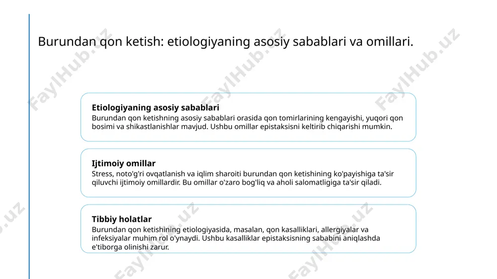 rundan qon ketishini farqlash uchun tarixiy ma'lumotlar, fizik tekshirish va laboratoriya testlari zarur. bu usullar, shuningdek, boshqa kasalliklardan ajratish uchun muhim. burundan qon ketishning tibbiy davolash usullari va samaradorligi. 01 tibbiy yondashuvlar burundan qon ketishini davolashda, tamokni siqish, burun ichiga dori yuborish va lazer ko'rsatmalari kabi tibbiy usullardan foydalaniladi. 02 dori vositalari boshqa dori vositalari, masalan, xlorheksidin va dekspantenol, qon ketishini to'xtatish va burun shilliq qavatini tiklashda samarali hisoblanadi. 03 samaradorlik va natijalar tibbiy davolash usullarining samaradorligi kasallikning sabablariga bog'liq. ko'plab bemorlarda muammolarni hal qilishda yaxshi natijalar kuzatilmoqda. farqlash diagnostikasida muhim aspektlar: simptomlar va ularning ko'rinishi. simptomlarning turlari diagnostika usullari muammoli holatlar burundan qon ketishning turli simptomlari mavjud. ular orasida qonning ranglari, oqishi davomiyligi va og'riq darajasi farqlanadi. farqlash diagnostikasi uchun aniq usullar muhimdir. fizik ko'rik, rinoskopiya va qon tahlillari yordamida sabablar aniqlanadi. ba'zi holatlarda burundan qon ketishi jiddiy muammolarni ko'rsatishi mumkin. masalan, qon bosimi, gemofiliya yoki boshqa qon kasalliklari. …