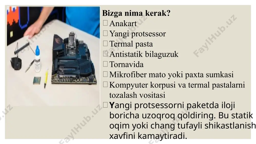 ichini o'rnatish juda qiyin emas, lekin buni qanday qilish haqida umumiy tushuntirish yo'q. shuning uchun sovutgichning qo'llanmasini tekshiring. oldin qo'llagan termal pasta protsessor va sovutgichni yaxshiroq aloqa qilish imkonini beradi. bu issiqlikning yanada yaxshi tarqalishini ta'minlaydi, bu esa o'z navbatida protsessoringizning ishlash muddatini uzaytiradi. 9.qadam: sinov va foydalanish kompyuterni qayta yig'ing va darhol qayta ulang. kompyuter odatdagidek qayta ishga tushadimi? protsessoringiz to'g'ri ishlayapti. e'tibor bering, ehtimol siz hali ham ba'zi yangilanishlarni amalga oshirishingiz kerak. masalan, sizning grafik drayverlaringiz. buni operatsion tizim yuklanganda qilishingiz mumkin. image1.jpeg image3.png image4.png image5.png image6.png image7.png image8.png image9.png image10.png image11.png image12.png /docprops/thumbnail.jpeg