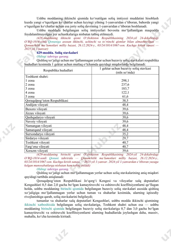 kredit to‘g‘risidagi qonunchilik. bank faoliyati / 07.11.00.00 mahalliy soliqlar va yig‘imlar / 07.11.02.00 er solig‘i / 07.11.02.03 er solig‘i bo‘yicha imtiyozlar] 428-modda. soliq imtiyozlari oldingi tahrirga qarang. (o‘zbekiston respublikasining 2024-yil 24-dekabrdagi o‘rq-1014-sonli qonuniga asosan 428-modda birinchi qismining chiqarilish sanasi 2025-yil 1-yanvar — qonunchilik ma’lumotlari milliy bazasi, 26.12.2024-y., 03/24/1014/1067-son) soliq solinmaydigan yer uchastkalari jumlasiga quyidagi yerlar kiradi: oldingi tahrirga qarang. madaniyat, ta’lim, sog‘liqni saqlash (bundan turistik zonalarda joylashgan sanatoriy-kurort obyektlari band qilgan yerlar mustasno) va ijtimoiy ta’minot obyektlari egallagan yerlar; (428-modda ikkinchi qismining ikkinchi xatboshisi o‘zbekiston respublikasining 2020-yil 30-dekabrdagi o‘rq-659-sonli qonuni tahririda — qonun hujjatlari ma’lumotlari milliy bazasi, 31.12.2020-y., 03/20/659/1681-son — 2021-yil 1-yanvardan kuchga kiradi) oldingi tahrirga qarang. sport va jismoniy tarbiya-sog‘lomlashtirish majmualari, o‘quv-mashq bazalari va bolalar-sog‘lomlashtirish oromgohlari egallagan yerlar; (428-modda ikkinchi qismining uchinchi xatboshisi o‘zbekiston respublikasining 2020-yil 30-dekabrdagi o‘rq-659-sonli qonuni tahririda — qonun hujjatlari ma’lumotlari milliy bazasi, 31.12.2020-y., 03/20/659/1681-son — 2021-yil 1-yanvardan kuchga kiradi) shahar elektr transporti yo‘llari va metropoliten …