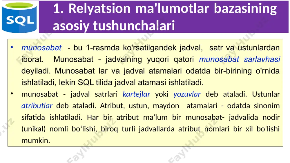 nli kod. 18 5. o'quv ma'lumotlar bazasi lecturer_id - o'qituvchini aniqlaydigan sonli kod, surname - o'qituvchining familiyasi, name - o'qituvchining ismi, city- o'qituvchi yashaydigan shahar, univ_id - o'qituvchi ishlaydigan universitet identifikatori. 19 5. o'quv ma'lumotlar bazasi subj_id - o'rganiladigan fan identifikatori, subj_name - o'rganiladigan fan nomi, hour - fanni o'rganishga ajratilgan soatlar miqdori, semester - ushbu fan o'rganiladigan semestr. 20 5. o'quv ma'lumotlar bazasi univ_id - universitet identifikatori, univ_name - universitet nomi, rating - universitetlar reytingi, city - universitet joylashgan shahar. 21 5. o'quv ma'lumotlar bazasi exam_id - imtihon identifikatori, student_id - talaba identifikatori, subj_id - o'rganadigan fan identifikatori, mark - imtihon bahosi, exam_date - imtihon sanasi. 22 5. o'quv ma'lumotlar bazasi lecturer_id - o'qituvchining identifikatori, subj_id - o'rganadigan fan identifikatori. 23 6. sodda select so'rovlari sql tilining select (tanlash) operatori eng muhim va ko‘p ishlatiladigan operatori hisoblanadi. ma'lumotlar bazasi jadvallaridan ma'lumotlarni olish uchun mo'ljallangan. select operatorining soddalashtirilgan sintaksisi quyidagicha. …