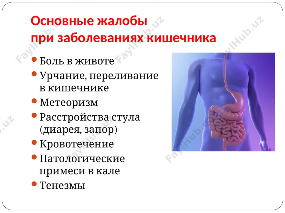 е газов через прямую кишку. психогенный метеоризм развивается при неврозах, истерии за счет нарушения нервной регуляции двигательной активности жкт. возникающий при этом спазм гладкой мускулатуры приводит к нарушению всасывания и выведения газов. высотный метеоризм возникает при подъеме на высоту и снижении атмосферного давления. газы в кишечнике расширяются, их давление на стенку кишки увеличивается. жалоба на нарушения стула к нарушениям стула относят запоры и поносы нормальный стул от 3-х раз в неделю до 2-х раз в сутки содержание воды в кале 60- 70 % (мягкая консистенция) время натуживания – менее ¼ от акта дефекации объем кала – 35-150 мг/сутки определение диареи жидкий стул (более 80 % воды) стул более 2-х раз в день большой объем каловых масс (более 300 г/сутки) - полифекалия моторная диарея основным механизмом является первичное усиление моторики тонкой кишки вследствие нарушения нервной регуляции. характерно для этого вида диареи: возникновение в утренние часы («понос-будильник»), каловые массы в большом объеме …